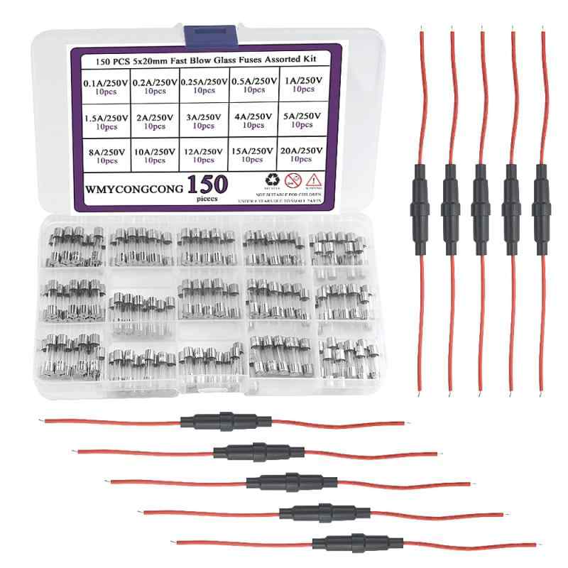 WMYCONGCONG 10個 5x20mmインラインヒューズホルダー 150個 5x20mm ガラス管 ヒューズ ファストブローガラス管0.1A 0.2A 0.25A 0.5A 1A 1.5A 2A 3A 4A 5A 8A 10A 12A 15A