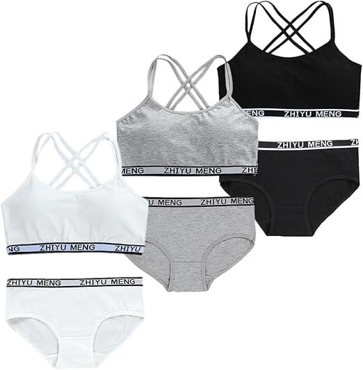 [FARFADET] ガールズブラ スポーツブラ 上下セット ジュニア ブラジャー ショーツ カップ付 インナー スポブラ クロスタイプ 3色組