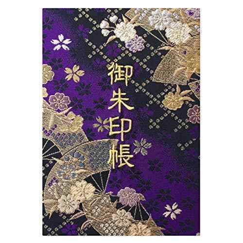 千糸繍院 御朱印帳M【桔梗扇桜】西陣織 金襴装丁/刺繍文字 蛇腹式48ページ 中判(金色刺繍文字／白色本文)