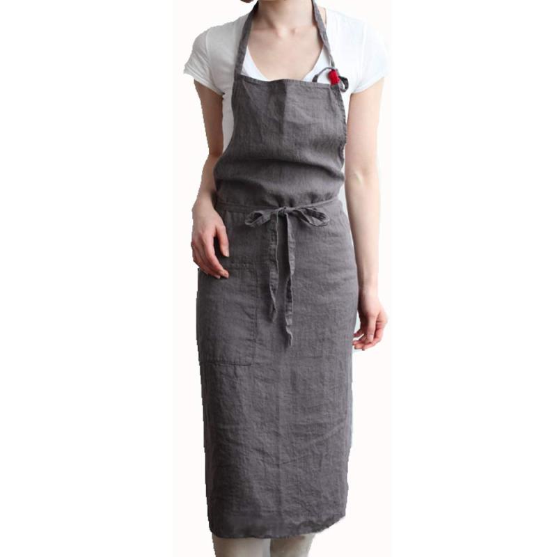 [MLeisure] エプロン リネン カフェ風 シンプル おしりが隠れる ポケット付き ナチュラル