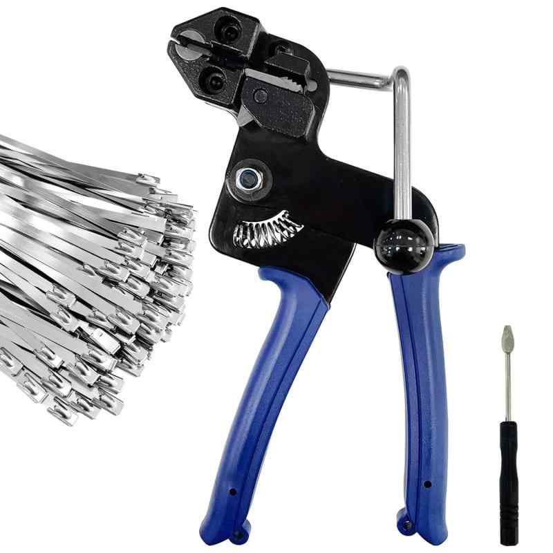 Socpuro Metal Tie Fastening Tool Set, Stainless Steel Cable Ties, 100 Pieces, Tightening Tool Set, Metal Tie & Stainless Steel Band Tightening and Cutting Tool, Metal Tie Fastening Trigger, Band Fastening Machine, Handheld