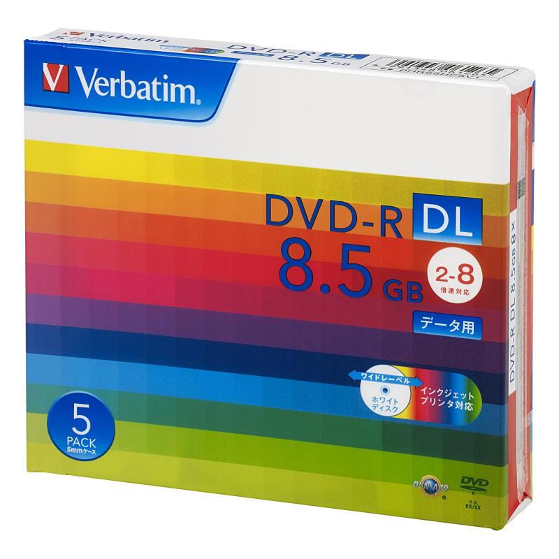 Verbatim バーベイタム 1回記録用 DVD-R DL 8.5GB 5枚 ホワイトプリンタブル 片面2層 2-8倍速 DHR85HP5V1品種:データ用 DVD-R DL1回記録用、容量:8.5GB、倍速:2-8倍速盤面印刷:（ホワイト） / 範囲:22mm-118mm(ワイド)ケース:5mmスリムケース入り数:5枚