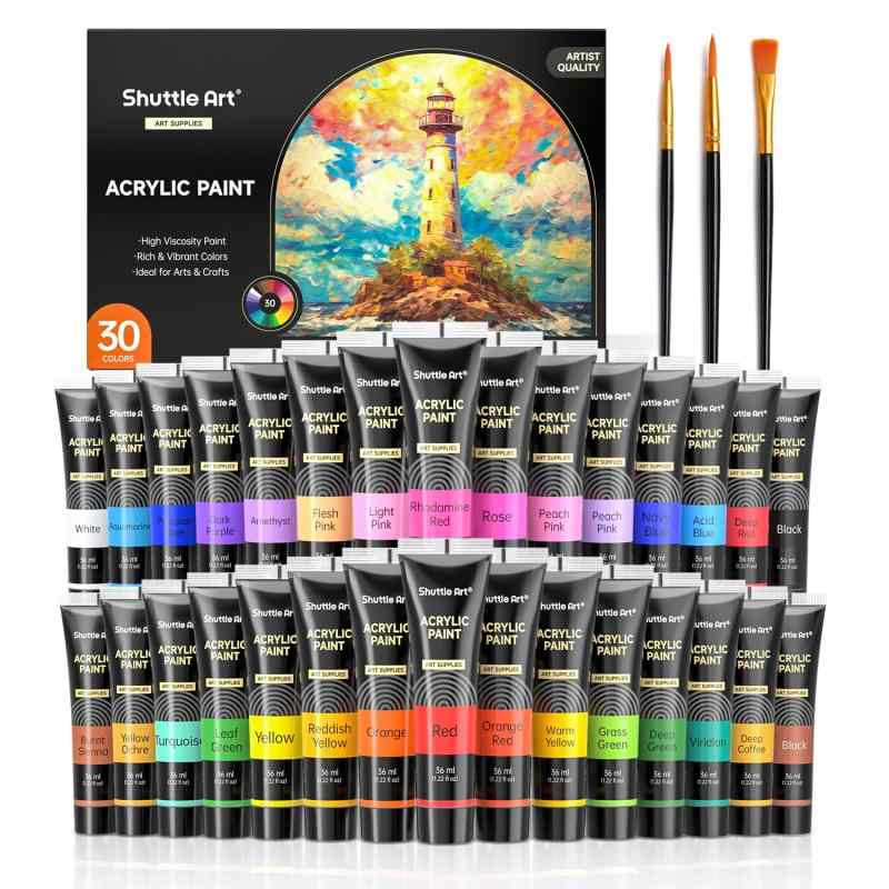 樂天商城 - Shuttle Art アクリル絵の具 アクリル顔料 30色セット ペイントブラシ付き 速乾 耐久 チューブ 36ml 手作り 布/石/ガラス/セラミックに描ける 子供用 イラスト 塗り絵 クラフト 美術 画材 宿題 初