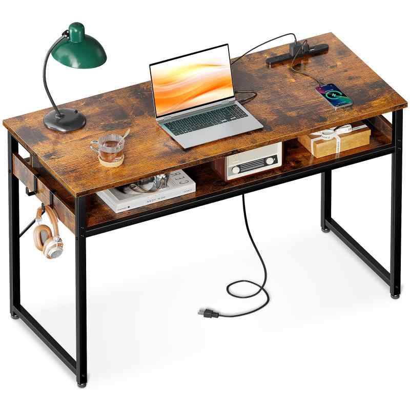 ODK 机 pcデスク パソコンデスク 幅80/100cm ゲーミングデスク 収納付き コンセント付き 勉強机 computer desk 桌子 ワークデスク 电脑桌 フック2個付き コンパクト テレワーク用 省スペース 組立簡 [3]
