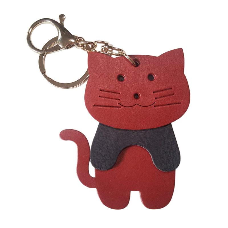 Rakuten - [byDream] 3分割 猫キーホルダー 本革 猫派の方 ネコ好き バッグチャーム 8cm猫 大きいネコ牛革 猫キーリング キフト用 プレゼント(ワイン)