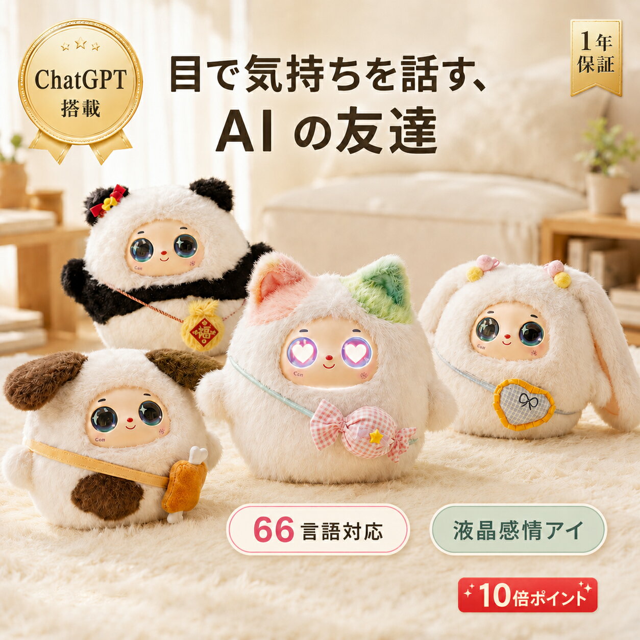 Electric Pet - AI ぬいぐるみ【ChatGPT搭載】しゃべる おしゃべり ロボット おもちゃ 音声認識 知育玩具 アプリ連動 月額無料 電動ロボット キッズ家電 英語学習 寝かしつけ アラーム 子供 こども 誕生日 ギフト プレゼント 出産祝い 犬 猫 うさぎ パンダ PSE認証 1年保証