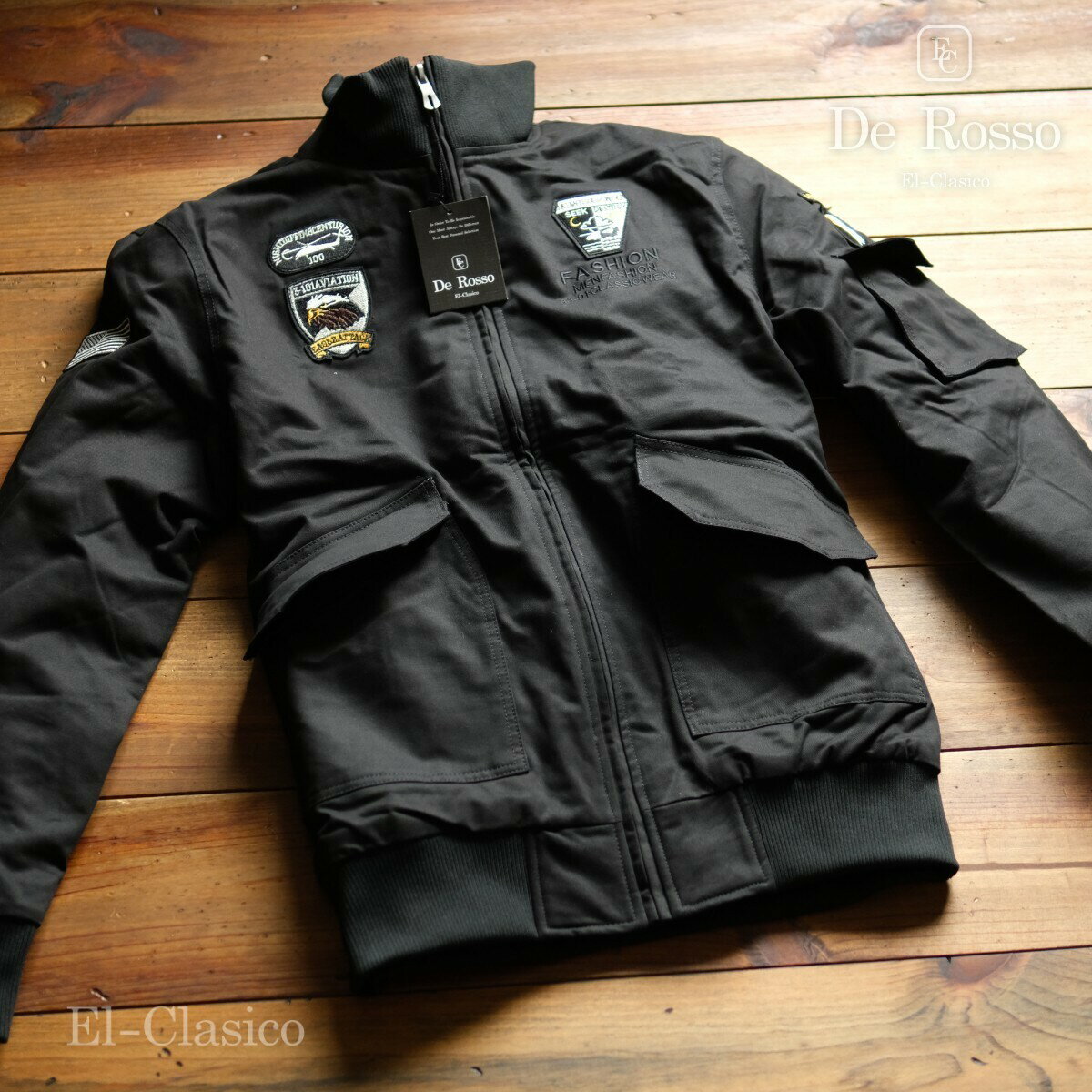 新品■イタリア*De Rosso*メンズ ボア付 豪華刺繍 フライトジャケット 黒/MA-1 ■ 新品 秋冬 アウター ジャンパー ブルゾン◆HT-BK