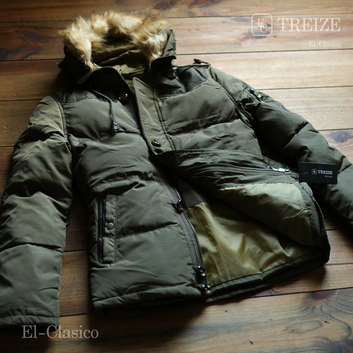 Rakuten - 新品■フランス*TREIZE*トレイズ フライト ダウンジャケット グリーン 緑 ファー着脱 パラシュートボタン ヨーク エルボー切替◆TRZ-GR
