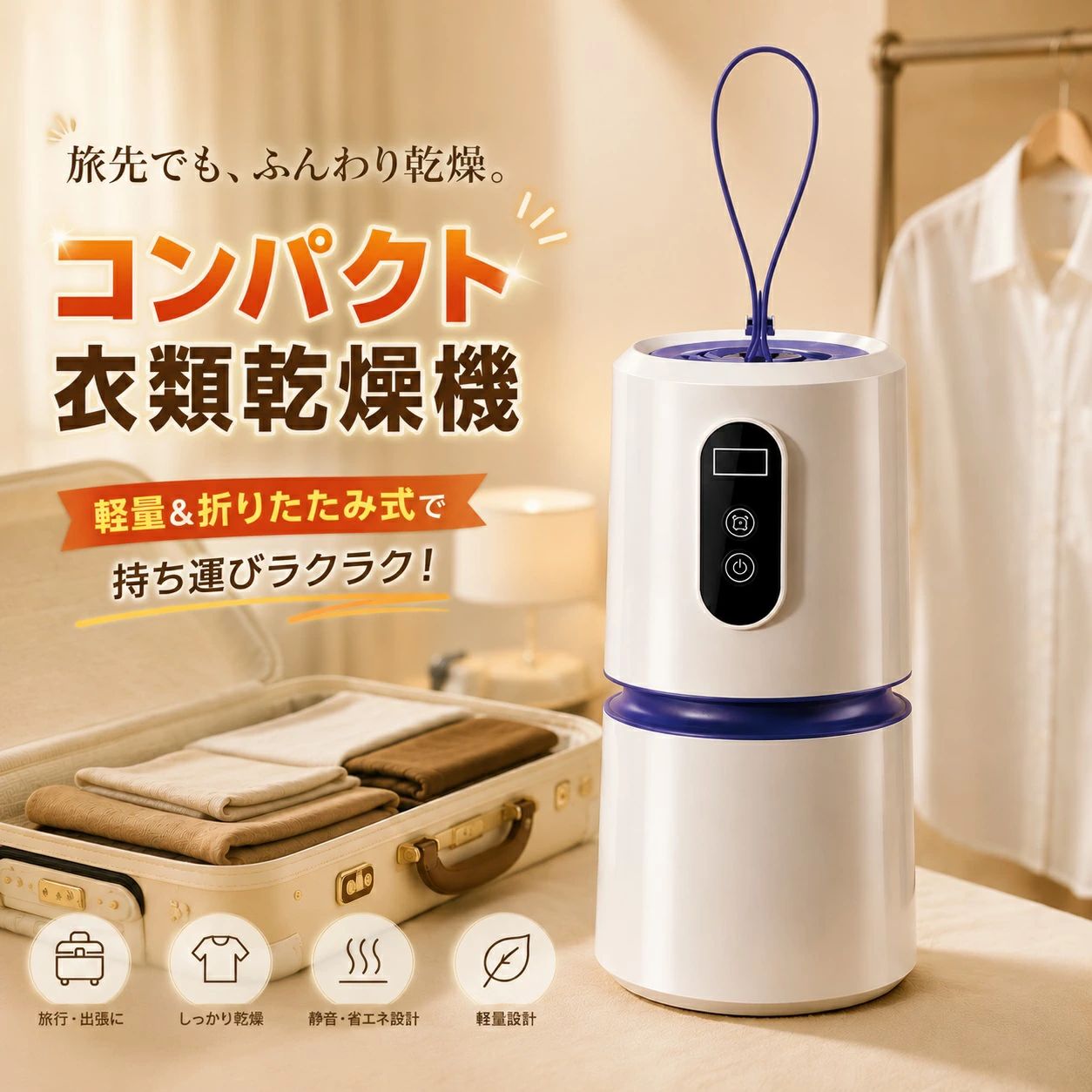 商品情報加熱方式PTCスタンド材質プラスチック耐荷重5～10kg過熱保護あり最大タイマー設定時間240分以上製品仕様200W折りたたみ可能か折りたたみ可能【梅雨・部屋干し臭対策｜2026年最新版】衣類乾燥機 小型 湿気対策 梅雨対策 コンパクト衣類乾燥除湿機 カビ対策 花粉対策 黄砂対策 除菌 超軽量 コンパクト 乾燥機 即暖 速乾 出張 操作簡単 旅行 一人暮らし 強力 省エネ 新生活応援 新生活 一人暮らし ひとり暮らし 出張 旅行 衣類乾燥 がこれ1つで解決！ 消臭 ダニ対策 梅雨対策 ミニ 乾燥機 強力 省エネ 操作簡単 5