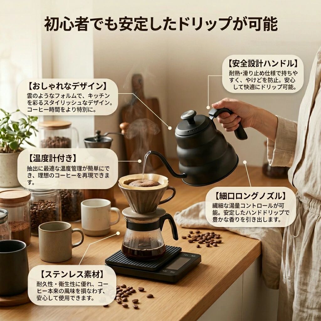 コーヒーポット 電気ケトル 1L /1.2L 保温/温度計付き ステンレス 電気ポット リップポット IH対応 細口 空焚き防止 手入れ簡単 コーヒーケトル コーヒーポット 高級感 おしゃれ かわいい ギフト