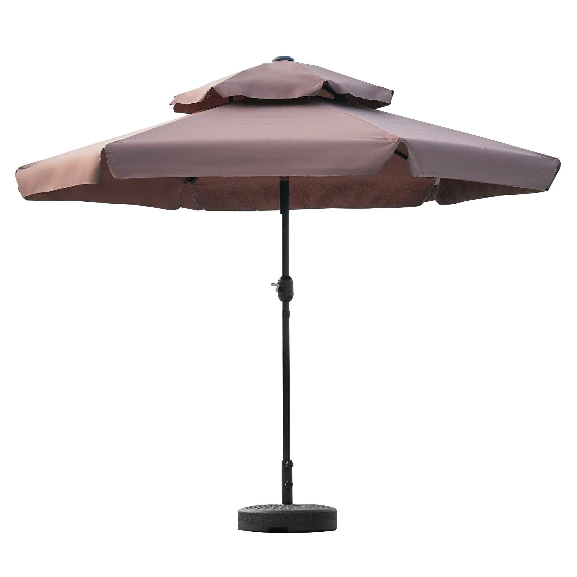 【ブラウン荷葉辺デザイン直径270cm ベース付き】パラソル＋ベースセット 30+UPF紫外線対策 角度調整 パラソルセット ベース パラソル ガーデンパラソルガーデンパラソル 風に強い パラソル 日除け 防水 UVカット クランク開閉 アウトドア 屋外 店頭 庭 ベランダ カフェ5商品情報紫外線をしっかりカット傘生地にはUVカット加工を施してあるので紫外線をしっかりと防ぎます。 35%UV 急な雨でもしっかりと水を弾く 安心の撥水加工 お庭やバルコニーでのひとときを、どんな天候でも楽しむことができます。完全防水ではありませんダブルトップ構造二重傘面で風通し良く、日差しをしっかり遮断。暑さを軽減しながら、風で煽られにくい設計ワンタッチで角度調節太陽の動きに合わせて左右に簡単に角度調整。一日中快適な日陰をキープ。パラソル生地には撥水加工が施してあります。急な通り雨にも安心。完全防水ではありません太径38mmパイプ38mmのスチール製支柱は丈夫でシッカリと支えてくれ、耐久性も高いので安心してお使いいただけます。 粉体塗装で錆びにくいハンドル式で簡単開閉ハンドルを回して少しずつ開いて、開きやすい専用ベース別売り安定性抜群のベースとセットで、庭テラスカフェに最適！ベースは水/砂を入れて使うタイプ。注水後：約22kg 注砂後：約25kgになり、コンパクトながらもしっかりとパラソルを支えます 【ブラウン荷葉辺デザイン直径270cm ベース付き】パラソル＋ベースセット 30+UPF紫外線対策 角度調整 パラソルセット ベース パラソル ガーデンパラソルガーデンパラソル 風に強い パラソル 日除け 防水 UVカット クランク開閉 アウトドア 屋外 店頭 庭 ベランダ カフェ5商品情報紫外線をしっかりカット傘生地にはUVカット加工を施してあるので紫外線をしっかりと防ぎます。 35%UV 急な雨でもしっかりと水を弾く 安心の撥水加工 お庭やバルコニーでのひとときを、どんな天候でも楽しむことができます。完全防水ではありませんダブルトップ構造二重傘面で風通し良く、日差しをしっかり遮断。暑さを軽減しながら、風で煽られにくい設計ワンタッチで角度調節太陽の動きに合わせて左右に簡単に角度調整。一日中快適な日陰をキープ。パラソル生地には撥水加工が施してあります。急な通り雨にも安心。完全防水ではありません太径38mmパイプ38mmのスチール製支柱は丈夫でシッカリと支えてくれ、耐久性も高いので安心してお使いいただけます。 粉体塗装で錆びにくいハンドル式で簡単開閉ハンドルを回して少しずつ開いて、開きやすい専用ベース別売り安定性抜群のベースとセットで、庭テラスカフェに最適！ベースは水/砂を入れて使うタイプ。注水後：約22kg 注砂後：約25kgになり、コンパクトながらもしっかりとパラソルを支えます