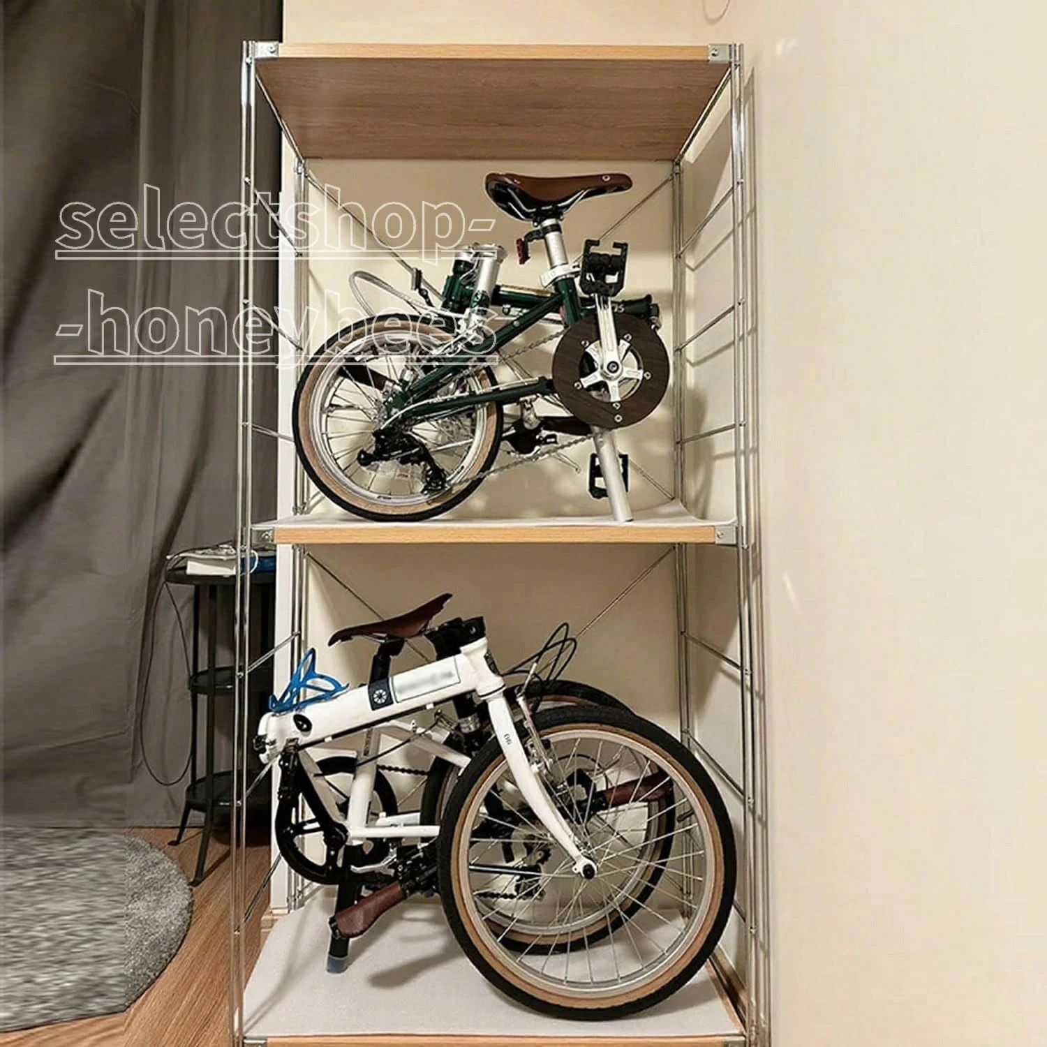 折りたたみ自転車収納ラック 自転車ディスプレイスタンド 室内バイク ディスプレイスタンド 二層 自転車スタンド ロードバイク スタンド 室内保管用縦置きスタンド 長さ83.5×奥行41×高さ170cm 無垢材 玄関ホールに最適