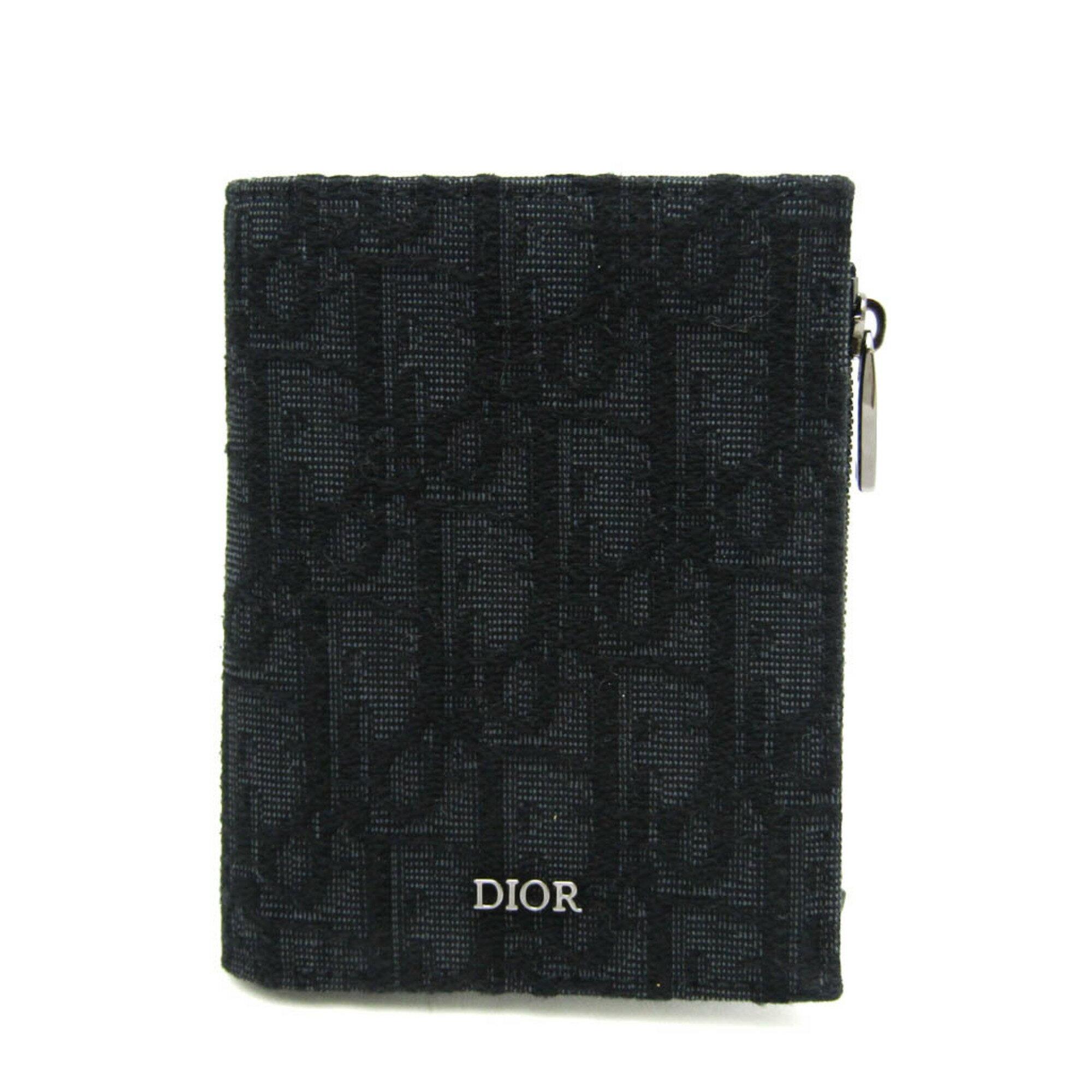 クリスチャン・ディオール(Christian Dior) オブリーク レディース,メンズ レザー,ジャカード 財布（二つ折り） ブラック【中古】