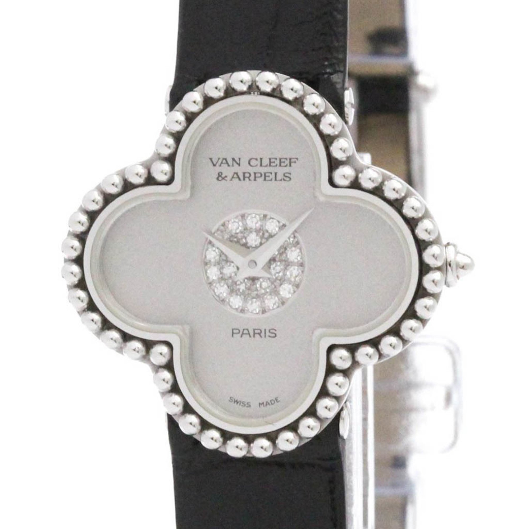 ヴァンクリーフ&アーペル (Van Cleef & Arpels) アルハンブラ センター パヴェダイヤモンド K18 ホワイトゴールド レザー クォーツ レディース 時計 322974 (外装仕上げ済み)【中古】