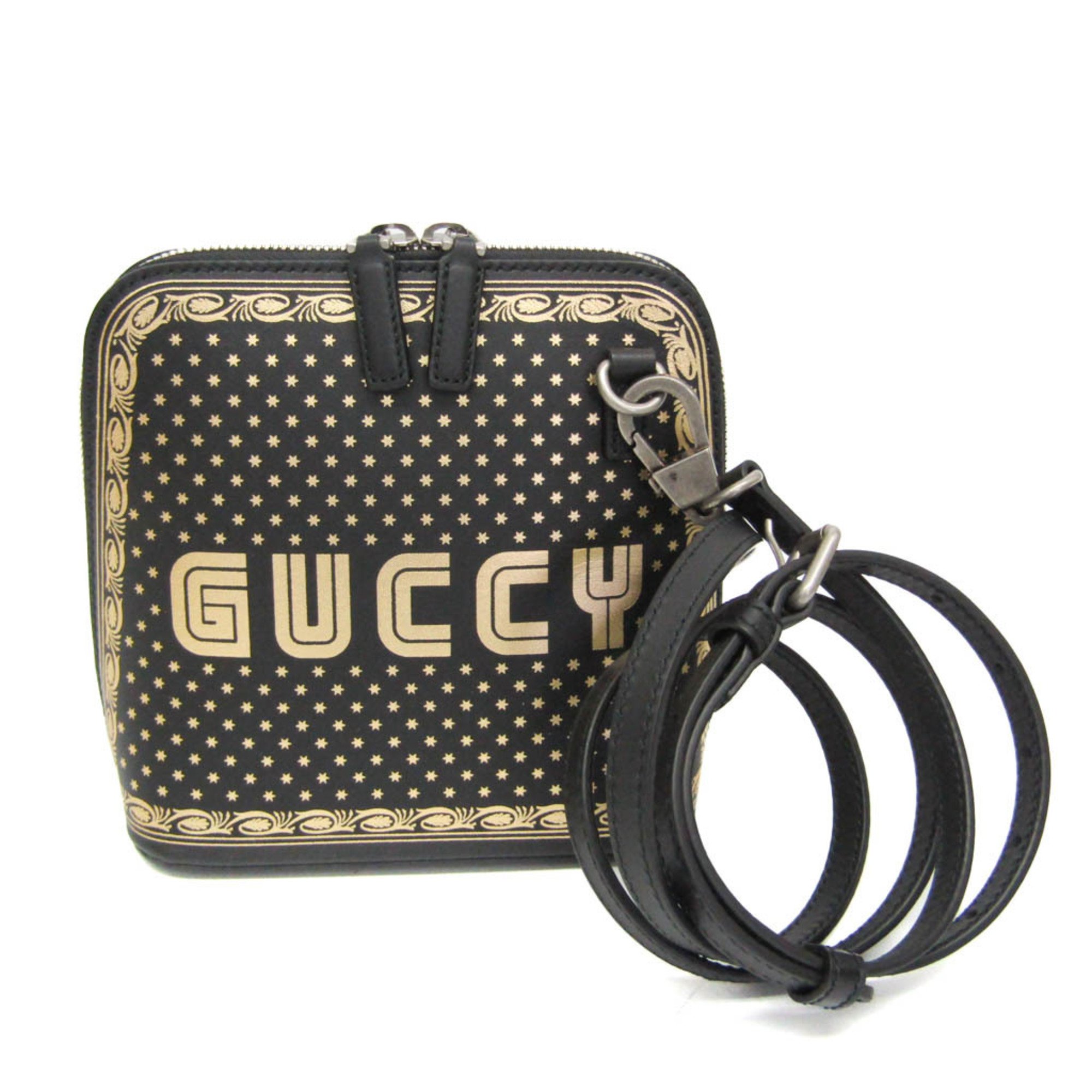 グッチ(Gucci) GUCCY プリント 511189 レディース レザー ショルダーバッグ ブラック,ゴールド【中古】