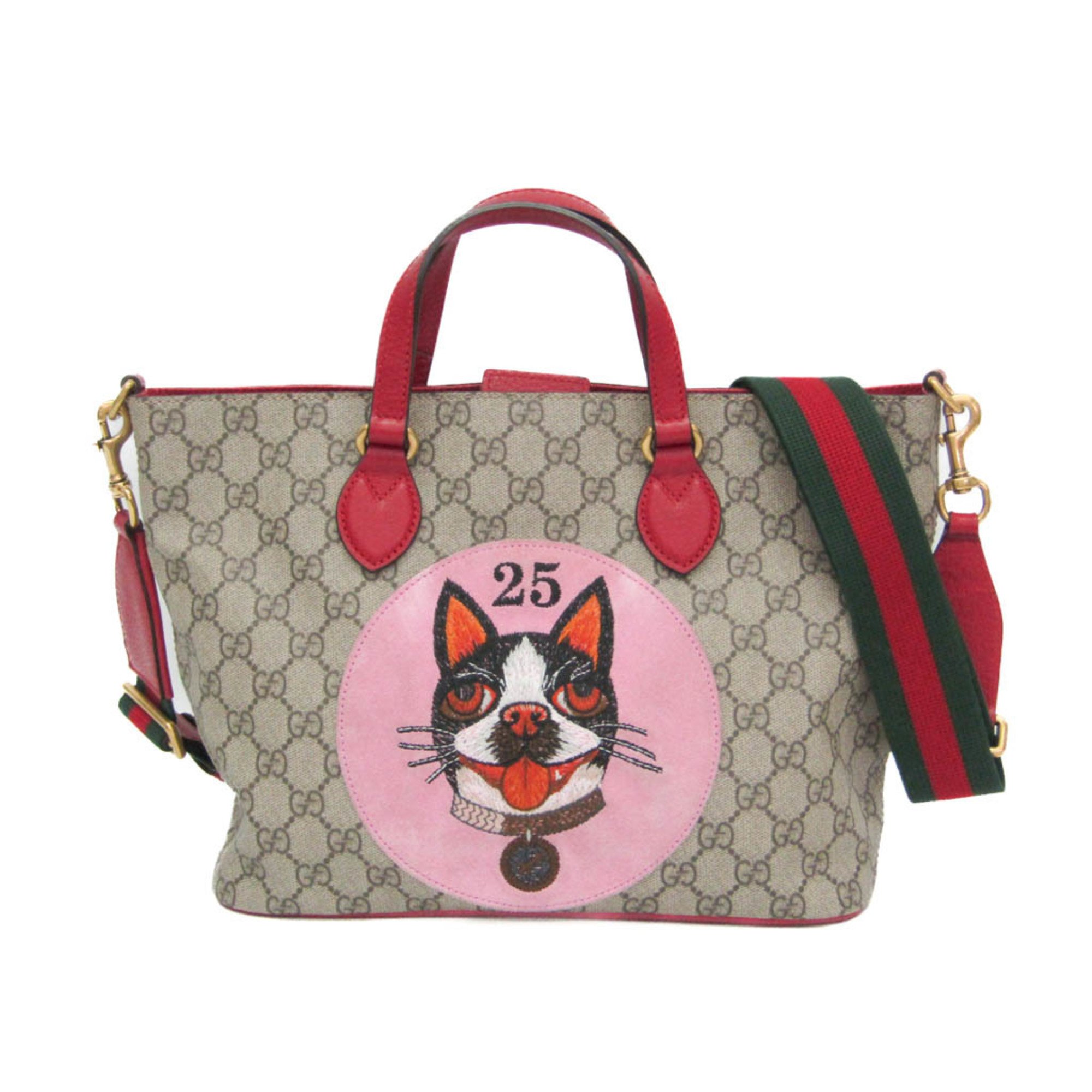 グッチ(Gucci) ボスコ Bosco 473887 レディース GGスプリーム,レザー ハンドバッグ,ショルダーバッグ ベージュ,レッド【中古】