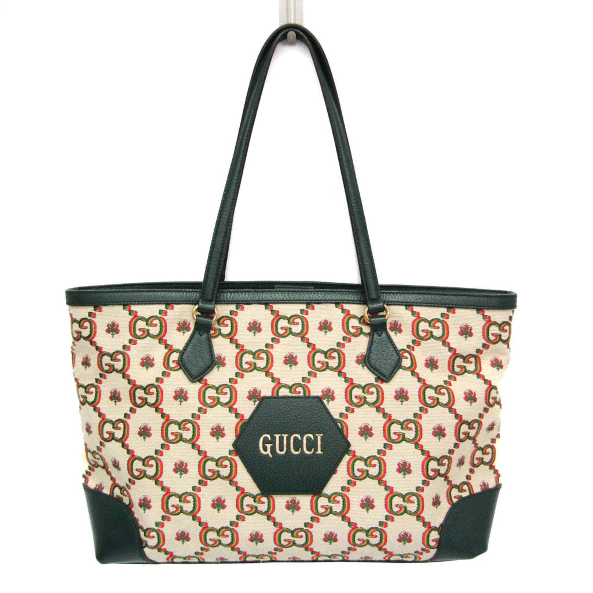 グッチ(Gucci) 100周年記念モデル 676681 レディース キャンバス,レザー トートバッグ グリーン,ライトベージュ【中古】