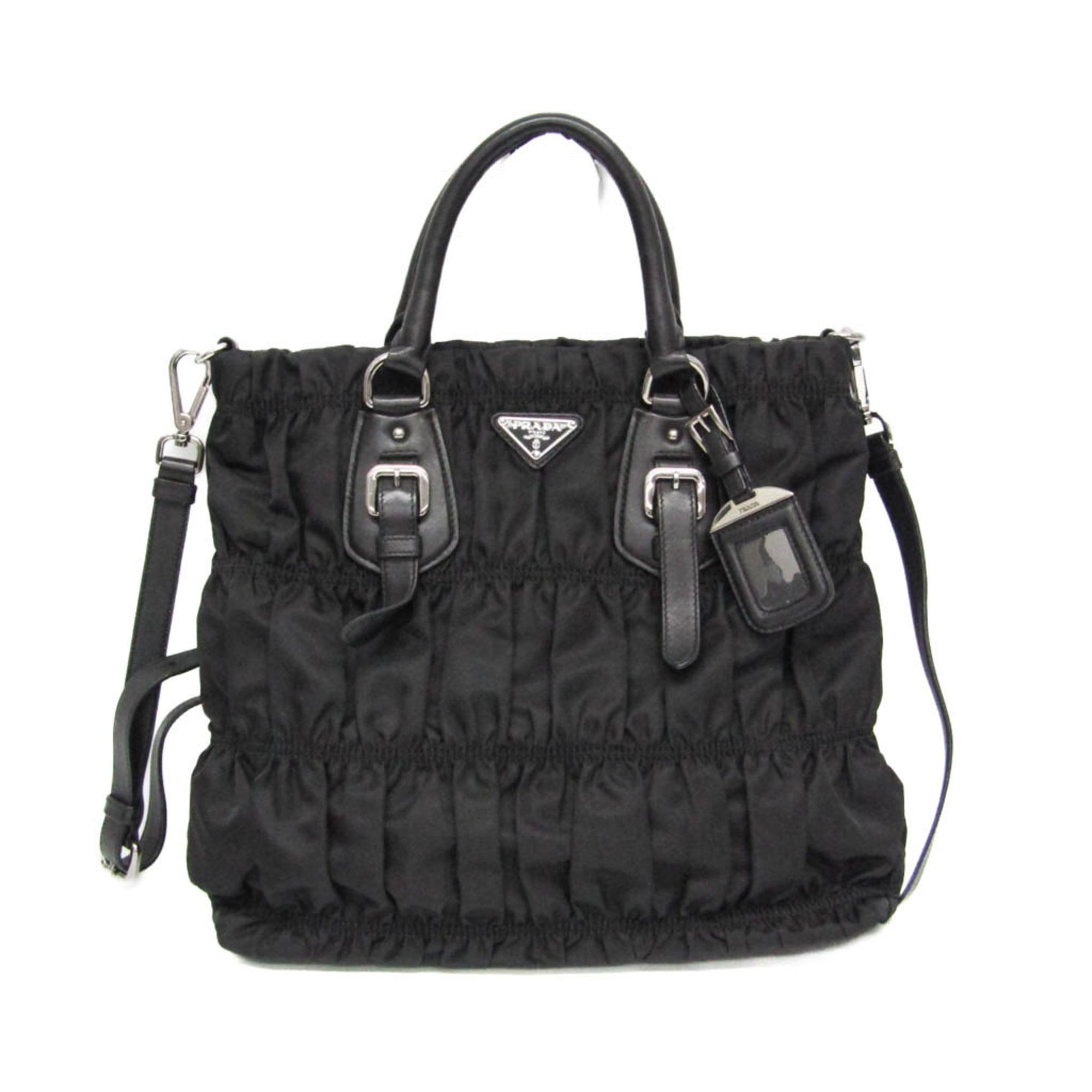 プラダ(Prada) テスート TESSUTO ギャザー レディース ナイロン ハンドバッグ,ショルダーバッグ ブラック【中古】
