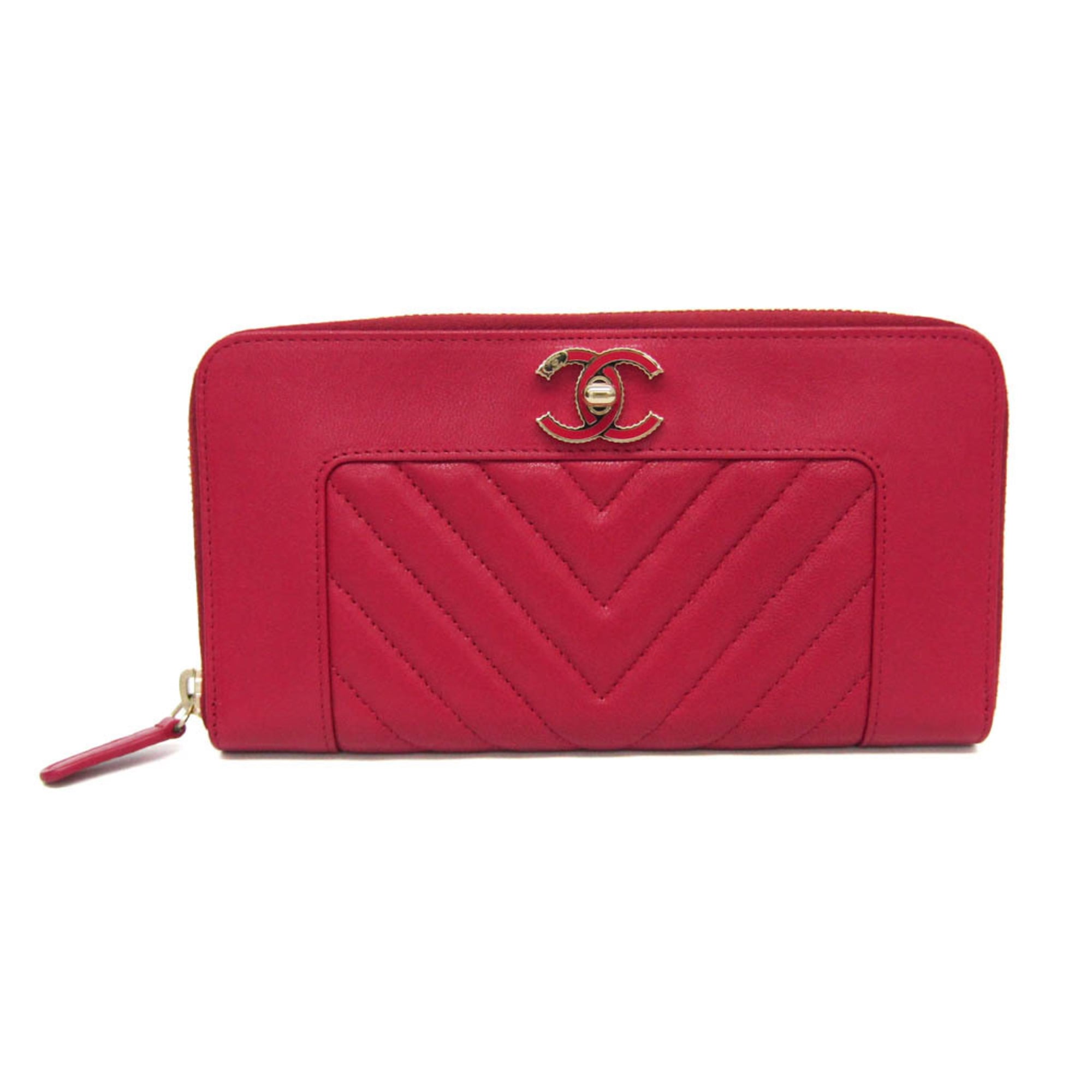 CHANEL - シャネル(Chanel) マドモアゼル Vステッチ レディース ラムスキン 長財布（二つ折り） ピンク【中古】