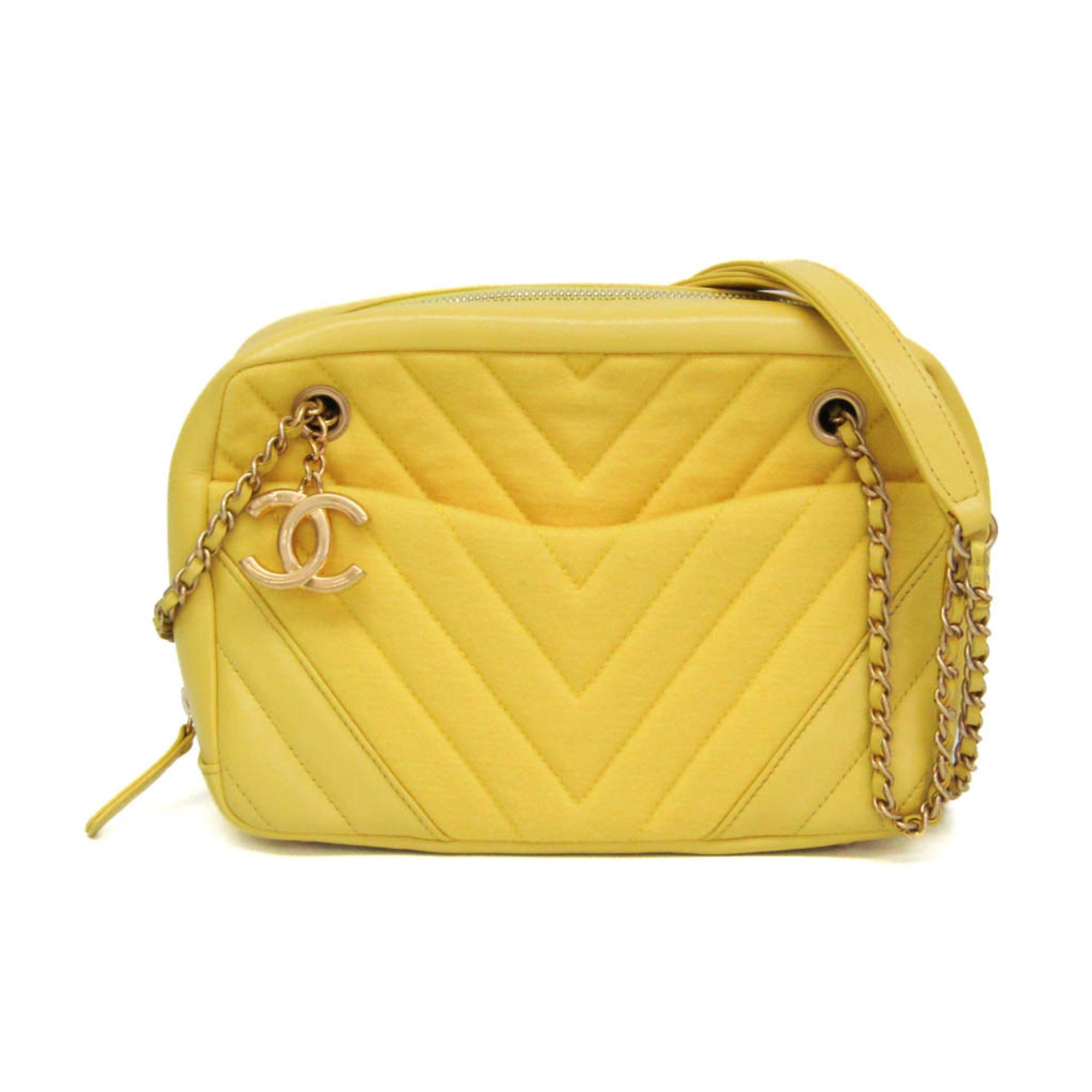 Rakuten - シャネル(Chanel) シェブロン Vステッチ レディース レザー,コットン ショルダーバッグ イエロー【中古】
