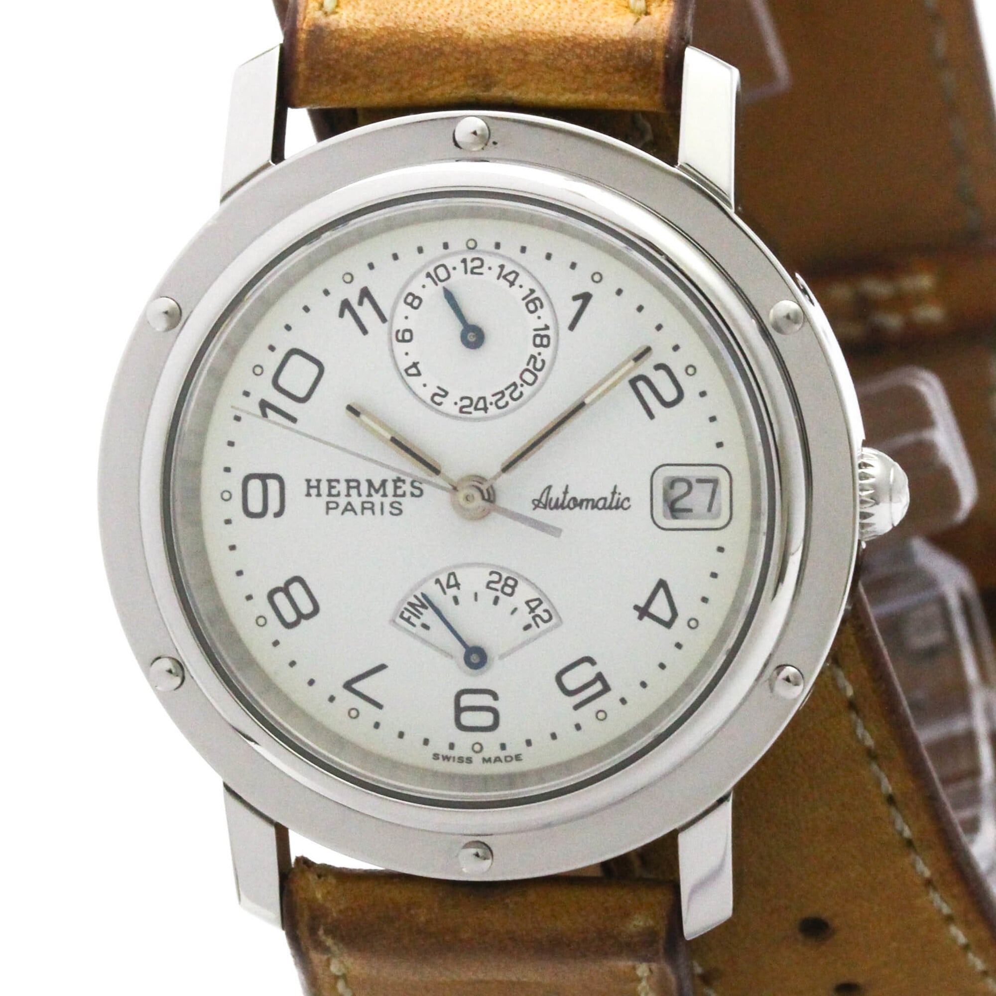 CLIPPER - エルメス (HERMES) クリッパー パワーリザーブ ドゥブルトゥール ステンレススチール レザー 自動巻き メンズ 時計 CL5.710 (外装仕上げ済み)【中古】
