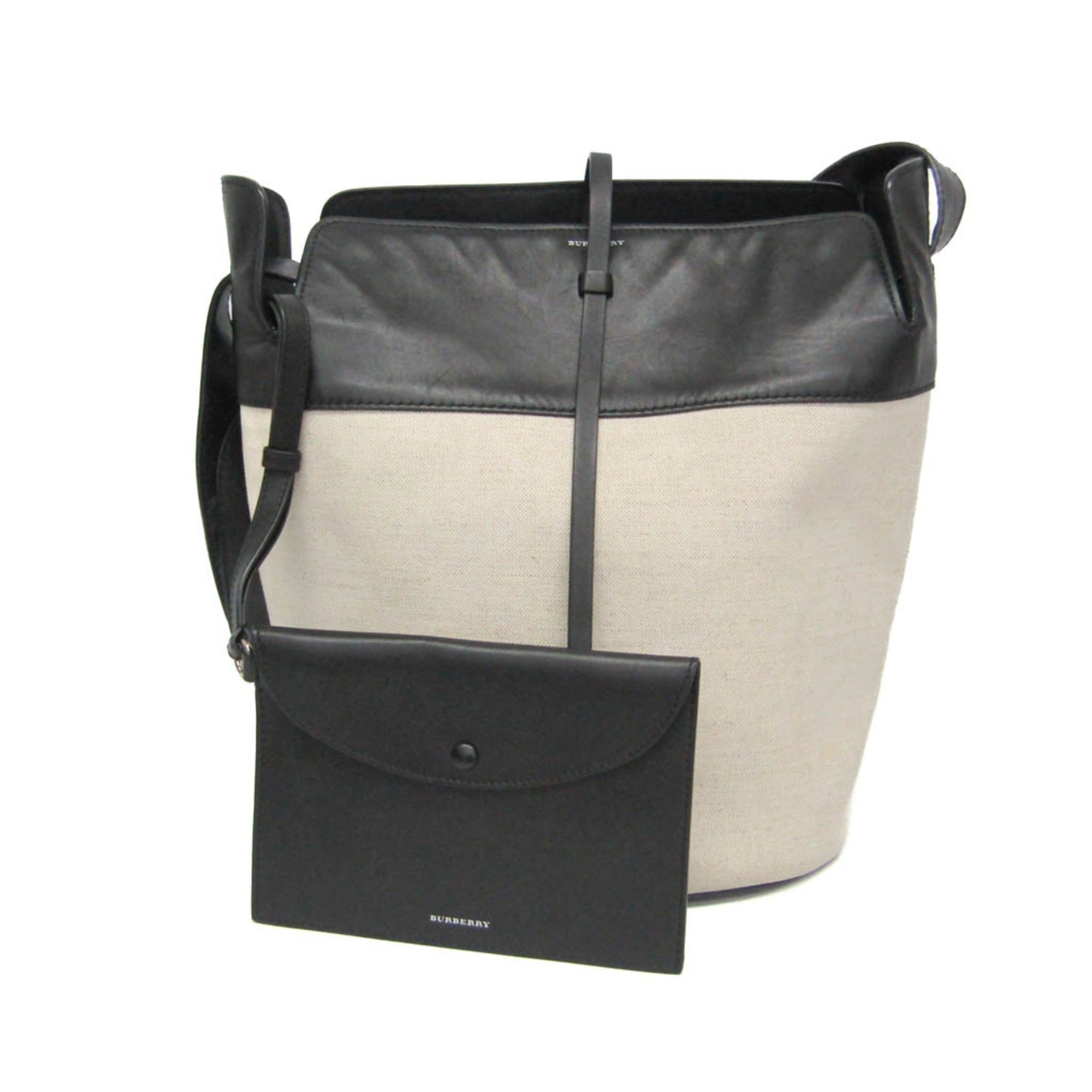 バーバリー(Burberry) ラージ バケット バッグ メンズ,レディース キャンバス,レザー ショルダーバッグ ブラック,ライトベージュ【中古】