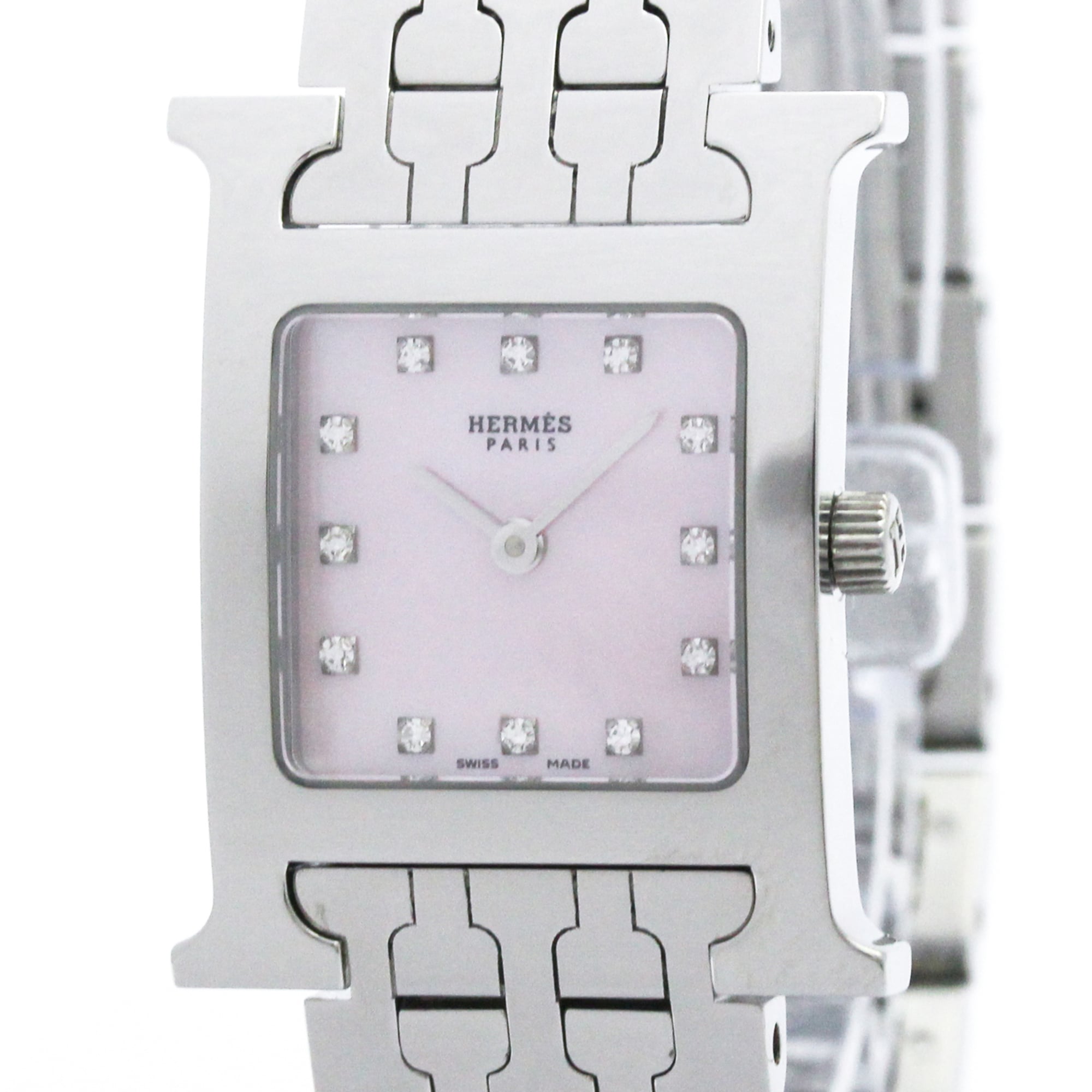 Kelly - エルメス (HERMES) Hウォッチ ダイヤモンド ピンクシェル文字盤 ステンレススチール クォーツ レディース 時計 HH1.210 (外装仕上げ済み)【中古】
