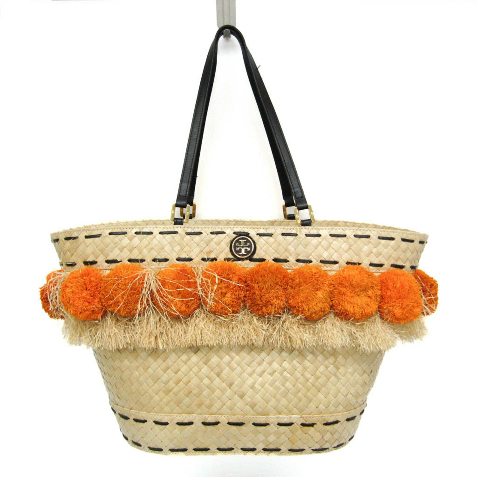 Rakuten - トリーバーチ(Tory Burch) Pom Pom ビーチ バスケットバッグ レディース ストロー,籐 (ラタン) バスケット,トートバッグ ライトベージュ,オレンジ【中古】