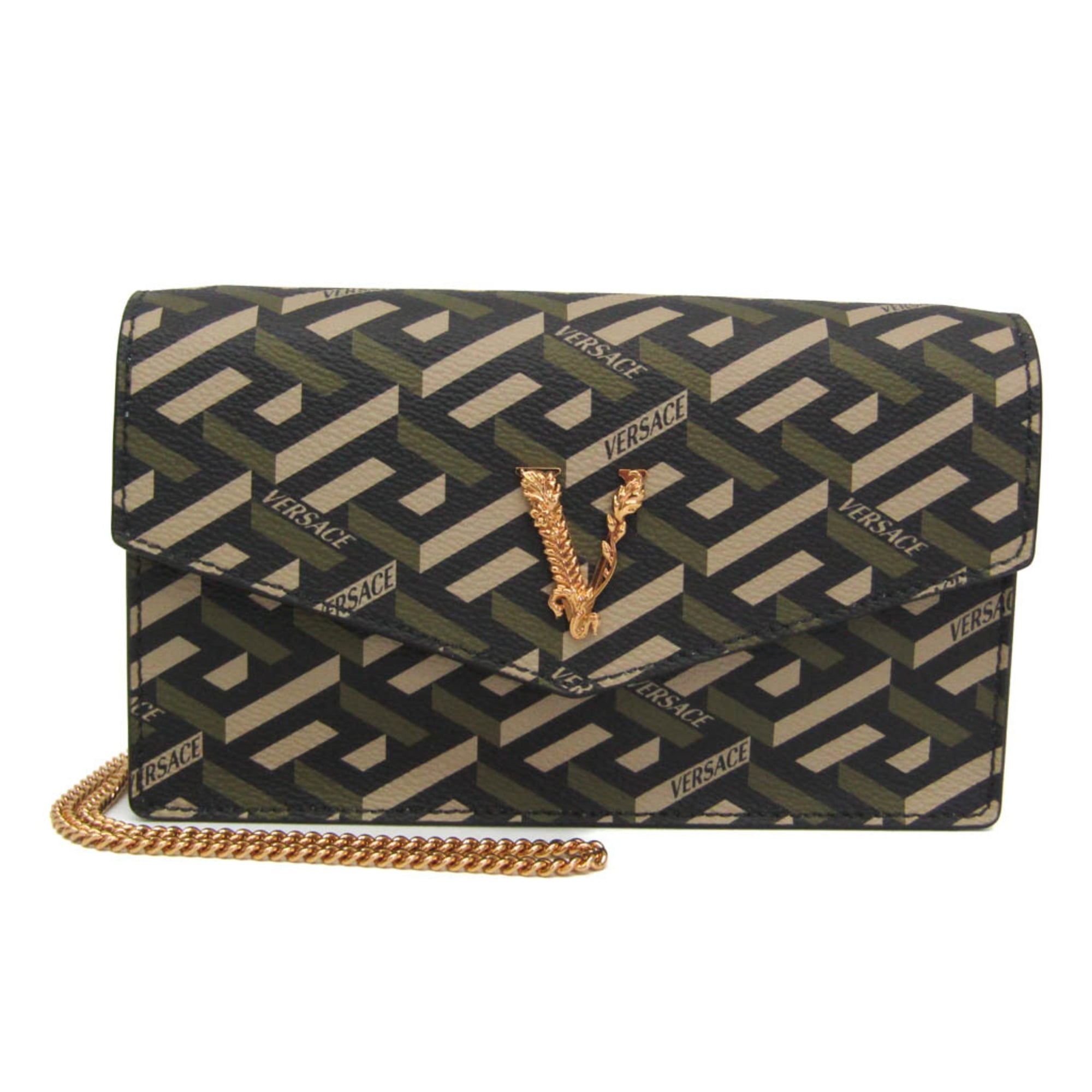 ヴェルサーチェ(Versace) ヴィルトゥス ラ グレカ チェーンショルダーバッグ レディース PVC ショルダーバッグ ブラック,カーキ【中古】