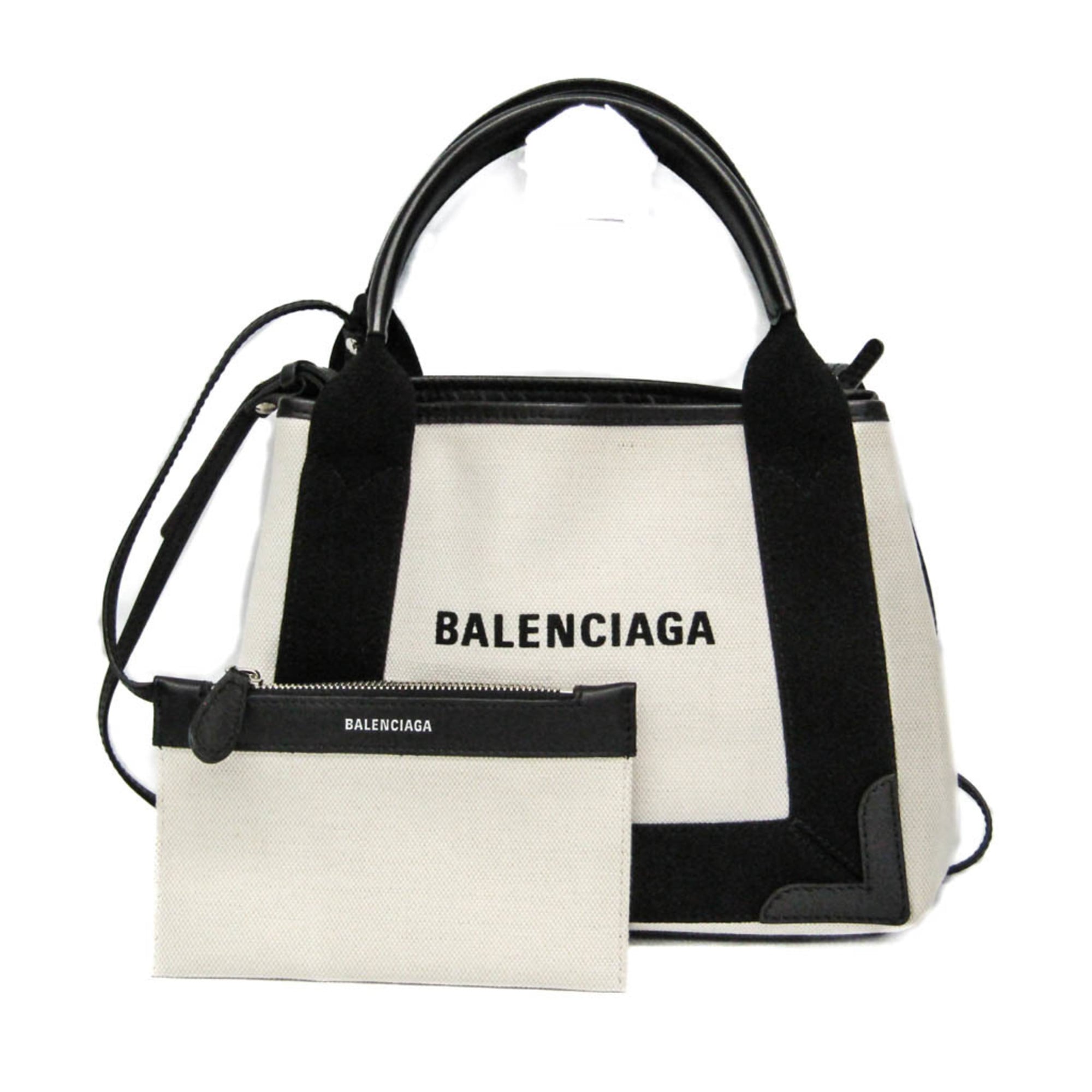 Rakuten - バレンシアガ(Balenciaga) ネイビーカバスXS 390346 レディース キャンバス,レザー ハンドバッグ,ショルダーバッグ ブラック,クリーム【中古】