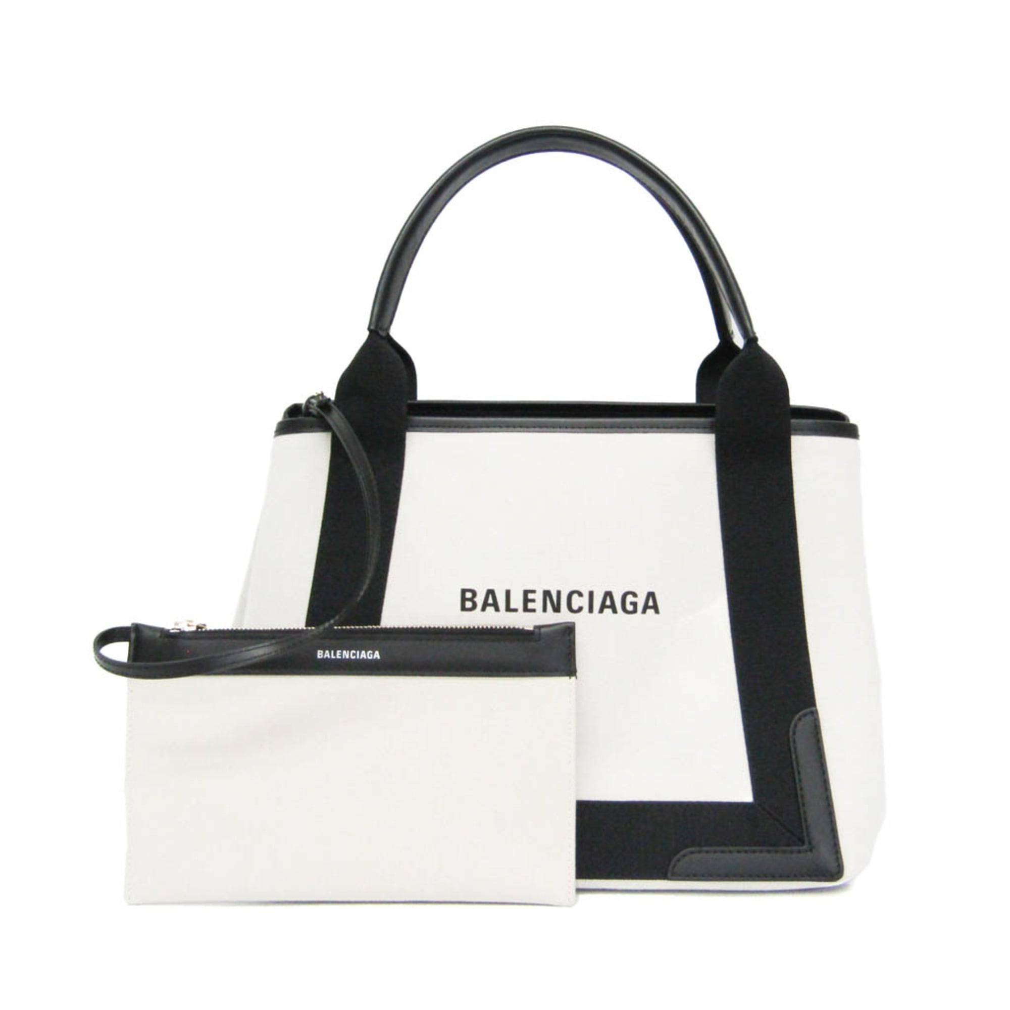 Rakuten - バレンシアガ(Balenciaga) ネイビーカバスS 339933 レディース キャンバス,レザー ハンドバッグ ブラック,オフホワイト【中古】