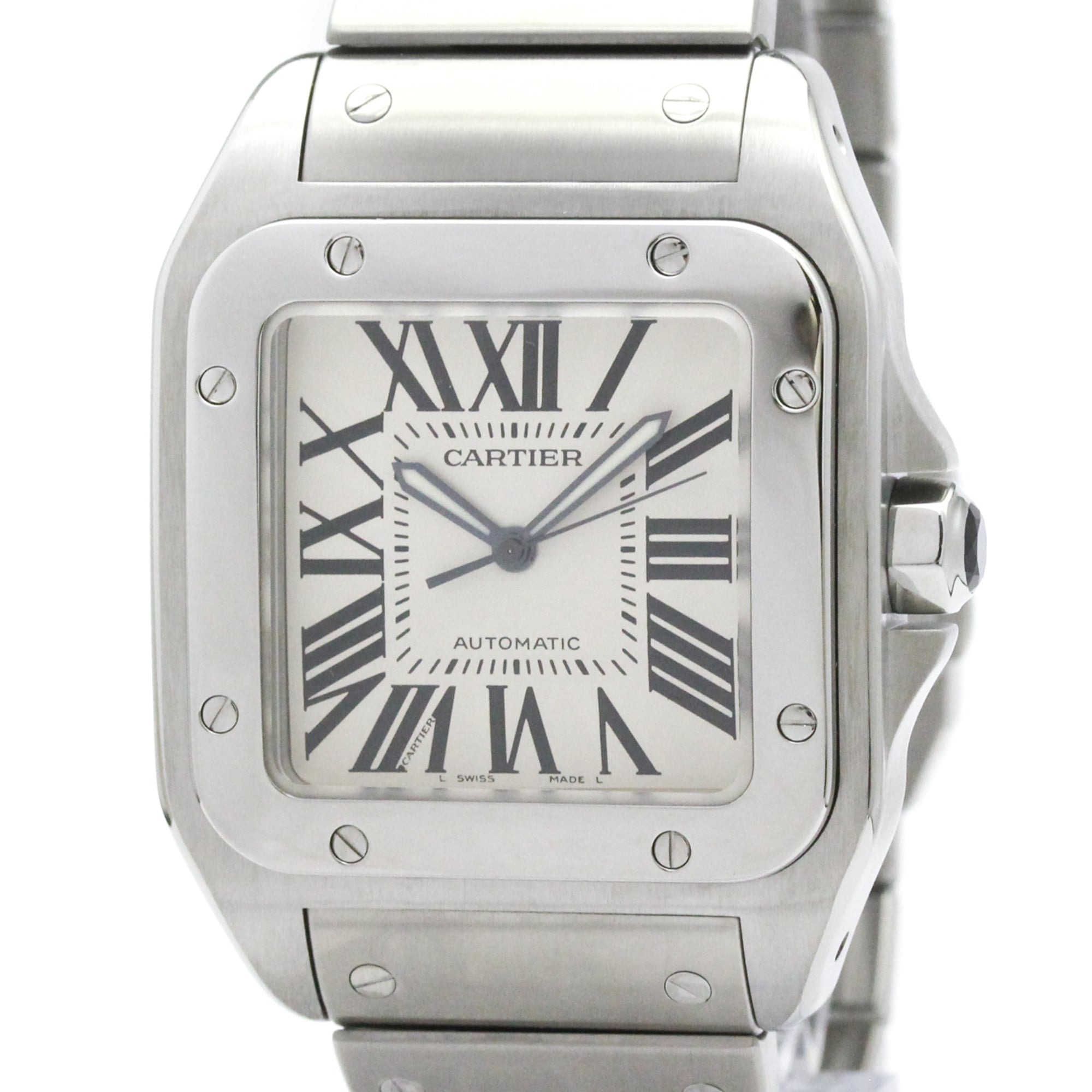 カルティエ (CARTIER) サントス 100 ステンレススチール 自動巻き メンズ 時計 W200737G (外装仕上げ済み) 基本情報 [ブランド名]: カルティエ(Cartier) [ライン名]: サントス 100 [モデル]: W200737G デザイン [タイプ]: 腕時計 [スタイル]: ドレス/フォーマル [性別]: メンズ [素材 (ケース)]: ステンレススチール(SS) [素材 (ブレスレット/ベルト)]: ステンレススチール(SS) [カラー（文字盤）]: シルバー ムーブメント [ムーブメント]: 自動巻き サイズ [ケース幅]: 41mm / 1.61'' 個別商品情報 [シリアルナンバー]: 88**14CE 付属品 [付属品]: 無し 状態 [状態]: 非常に良い [ランク]: ランク A 【中古】使用感が少なく、多少のキズや汚れは見られるものの全体的にきれいな商品 [風防ガラスのキズ]: 無し [文字盤のキズ/劣化]: 無し [針のキズ/劣化]: 無し [ケースのキズ]: わずか [ベゼルのキズ]: わずか [リューズのキズ]: 無し [裏蓋のキズ]: わずか [ブレスレットのキズ]: わずか [メンテナンス]: 外装磨き仕上げ済み [腕回り]: 19.5cm / 7.67'' 配送 [総重量]: 220g / 7.76oz. 【本物保証】 eLADYの商品は全品本物保証！ 安心してお買い物をお楽しみください。 商品ランクについて ランク N　 新品・未使用商品。基本的にブティック購入と同じ状態（付属品は商品説明欄に記載があるものがつきます。） ランク NS 未使用・展示品 ランク S 新品同様にきれいな商品 ランク SA 使用感がほとんどない、きれいな商品・新品仕上げ商品 ランク A 使用感が少なく、多少キズや汚れは見られるものの、全体的にきれいな商品 ランク AB やや使用感があり、キズや汚れが見られるが全体的に程度の良い商品 ランク B 使用感があり、ダメージや汚れが見られるが、通常の使用に支障のない商品 ランク BC 使用感が強くあり、ダメージや汚れが気になる商品 ランク C かなりの使用感があり、ダメージや汚れが目立つ商品 ランク D 著しく状態が悪い商品・不具合のあるジャンク品 商品ランクについて お客様のご都合による返品・交換の対応はできかねますので、あらかじめご了承願います。品質管理には万全を期しておりますが、 万が一お届け商品がご注文とまったく異なっていた場合には返品の対象となることもございます。商品到着後24時間以内に、 カスタマーサービスセンターまでEメール又はお電話でご連絡ください。24時間以上経過しますと、お受け致しかねる場合がございます。 ご了承ください。