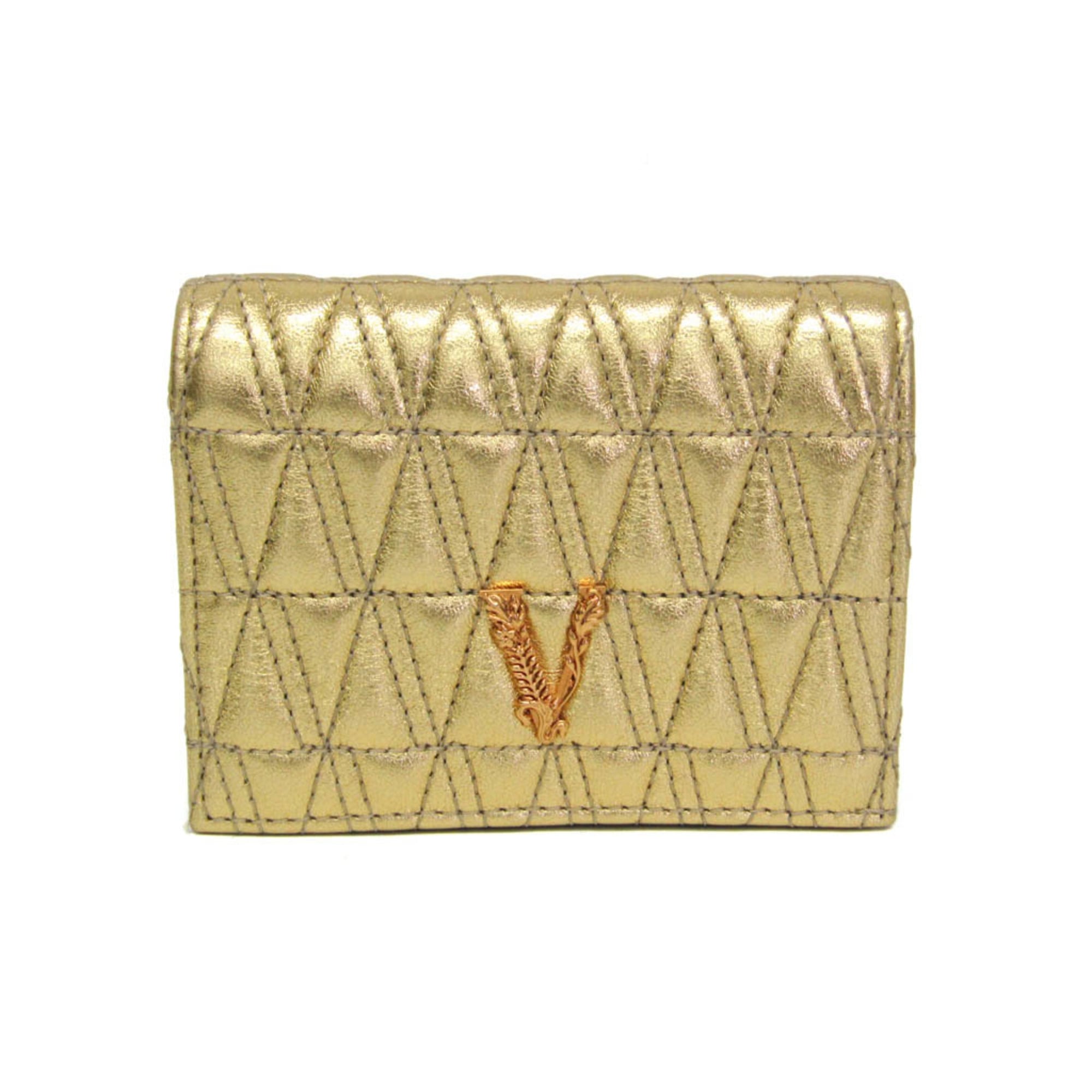 Rakuten - ヴェルサーチェ(Versace) ヴィセトス キルティングレザー コンパクト財布 レディース レザー 財布（二つ折り） ゴールド,ブラック【中古】