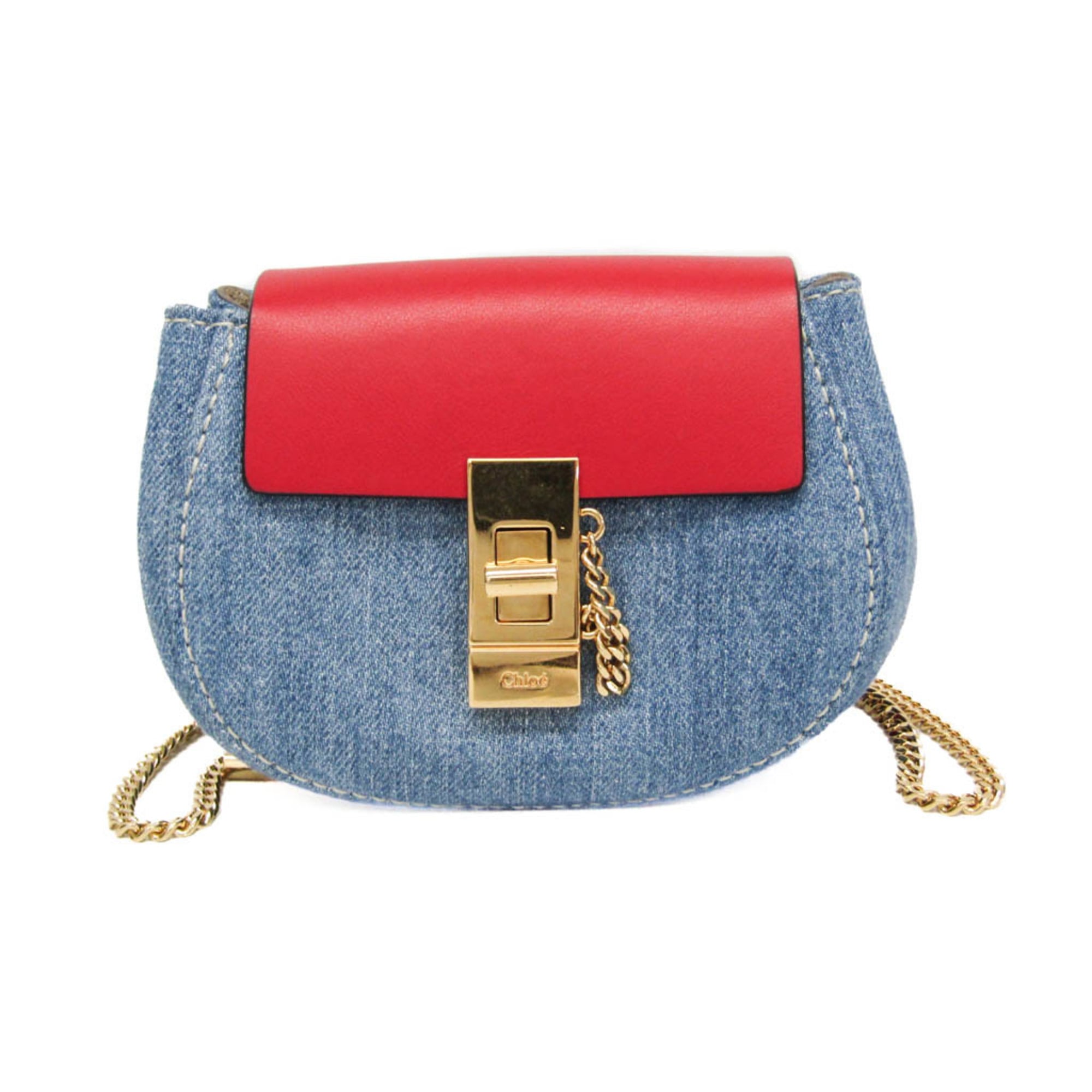Rakuten - クロエ(Chloé) ドリュー ミニ クロスボディ バックパック CHC21SP100E27664 レディース デニム,レザー リュックサック,ショルダーバッグ ブルー,レッド【中古】