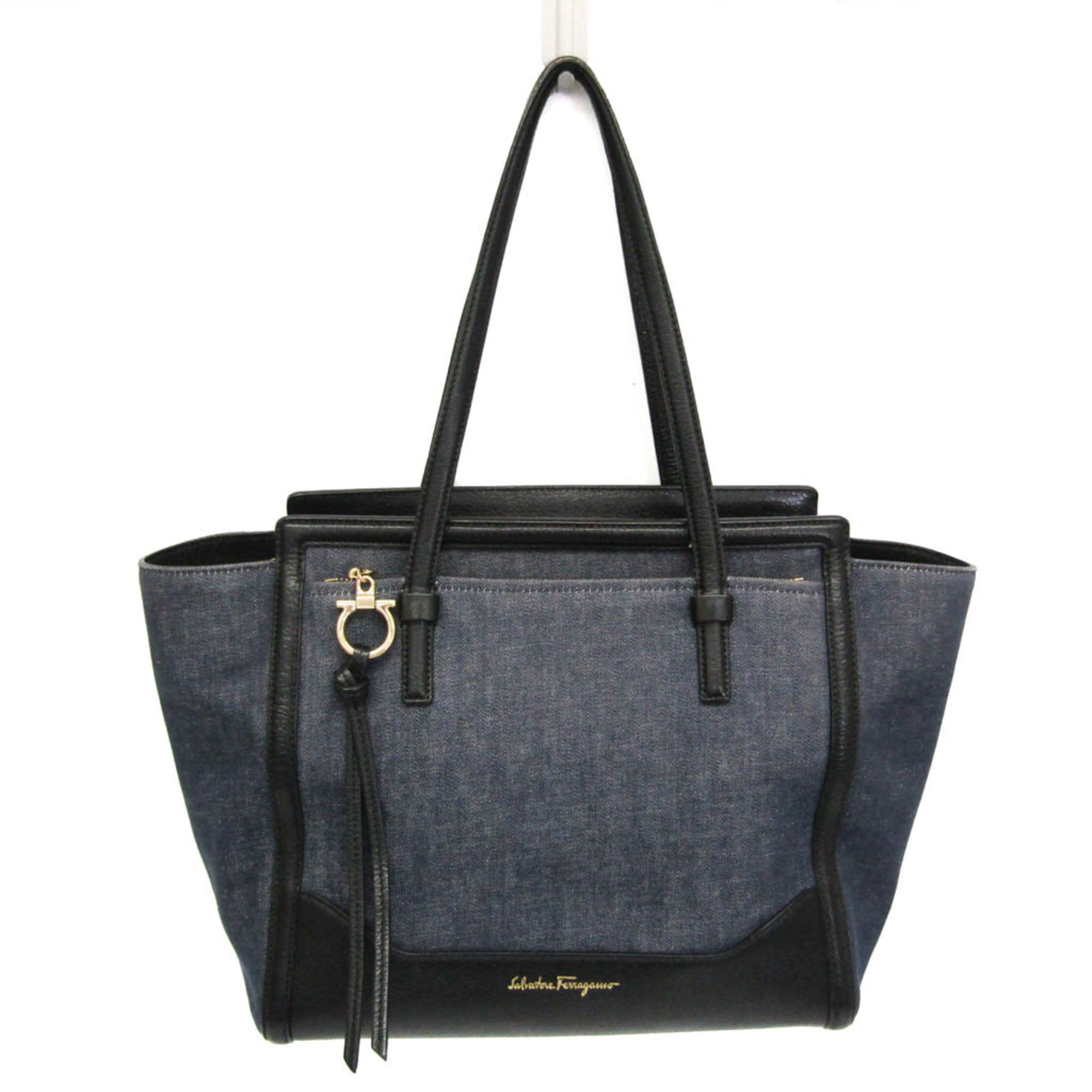 Rakuten - サルヴァトーレ・フェラガモ(Salvatore Ferragamo) ガンチーニ エイミー EZ-21 F759 レディース デニム,レザー トートバッグ ブラック,ネイビー【中古】