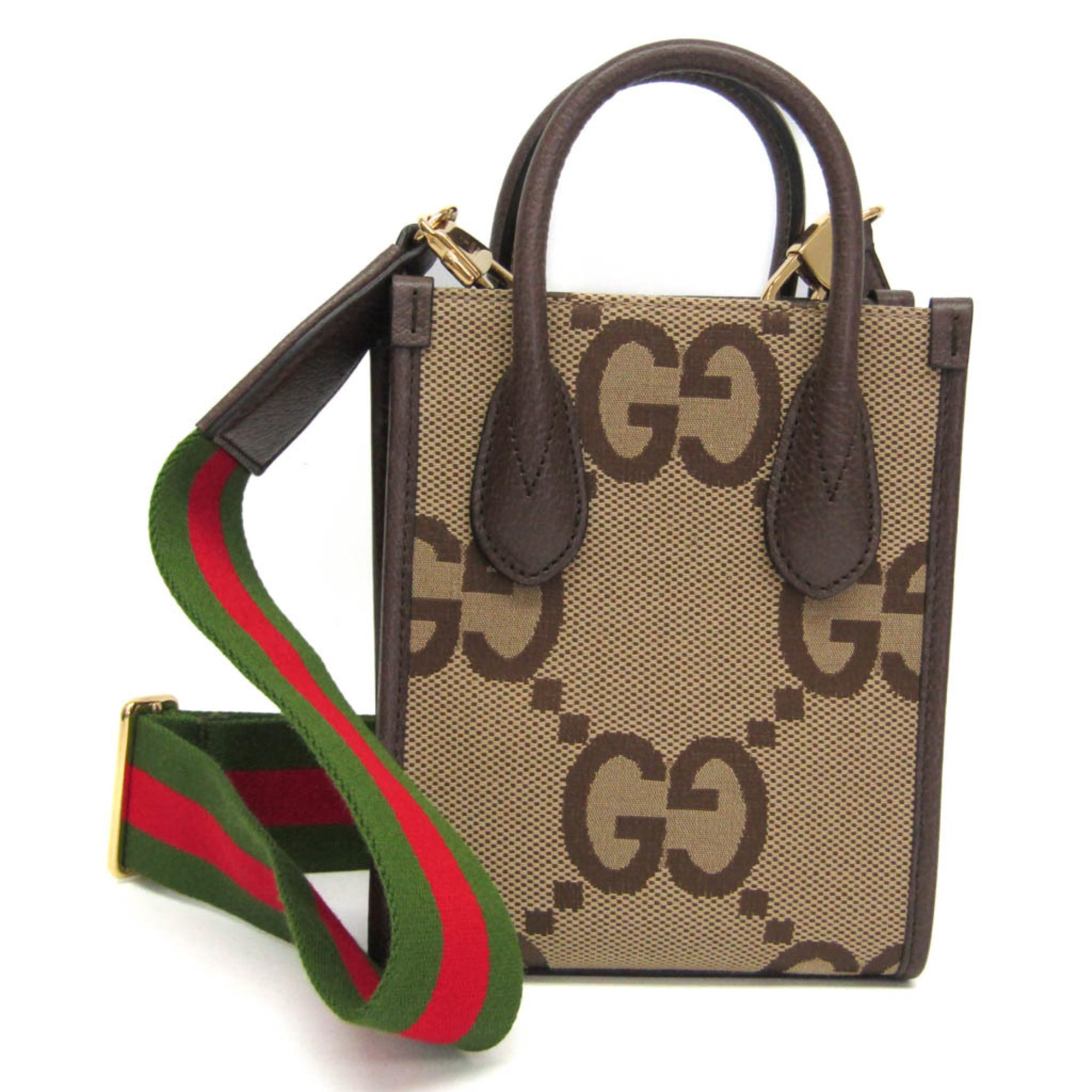 Rakuten - グッチ(Gucci) ジャンボGG ミニ 699406 レディース キャンバス,レザー ハンドバッグ,ショルダーバッグ ベージュ,ダークブラウン【中古】