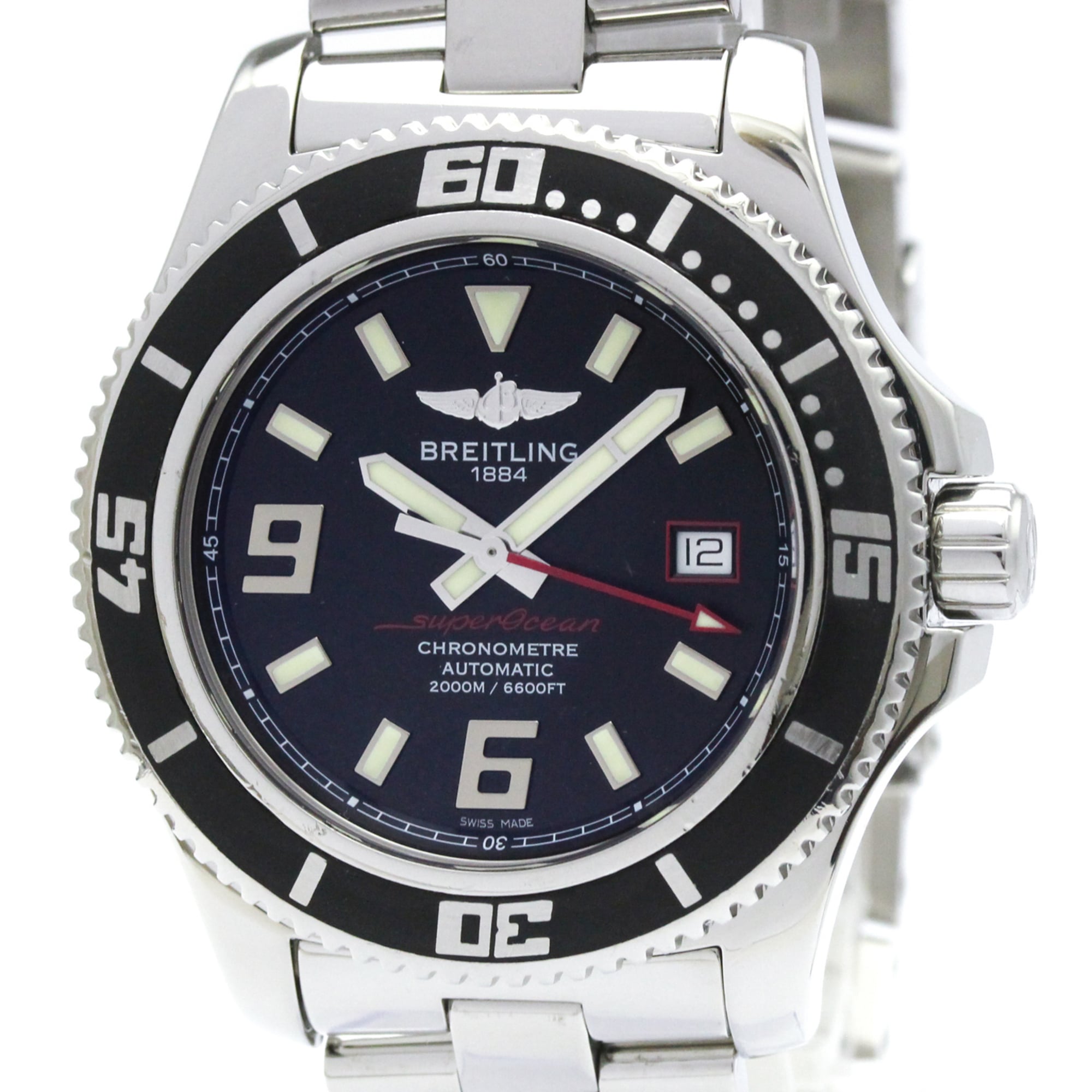 ブライトリング (BREITLING) スーパーオーシャン 44 ステンレススチール 自動巻き メンズ 時計 A17391 (外装仕上げ済み) 基本情報 [ブランド名]: ブライトリング(Breitling) [ライン名]: スーパーオーシャン [モデル]: A17391 デザイン [タイプ]: 腕時計 [スタイル]: スポーツ [性別]: メンズ [素材 (ケース)]: ステンレススチール(SS) [素材 (ブレスレット/ベルト)]: ステンレススチール(SS) [カラー（文字盤）]: ブラック ムーブメント [ムーブメント]: 自動巻き 機能 [機能]: 日付 サイズ [ケース幅]: 44mm / 1.73'' 個別商品情報 [シリアルナンバー]: 15**899 付属品 [付属品]: ギャランティーカード, 内箱, 取扱説明書, 外箱 [購入日]: 2013年 状態 [状態]: 非常に良い [ランク]: ランク A 【中古】使用感が少なく、多少のキズや汚れは見られるものの全体的にきれいな商品 [風防ガラスのキズ]: 無し [文字盤のキズ/劣化]: 無し [針のキズ/劣化]: 無し [ケースのキズ]: わずか [ベゼルのキズ]: わずか [リューズのキズ]: 無し [裏蓋のキズ]: わずか [ブレスレットのキズ]: わずか [メンテナンス]: 外装磨き仕上げ済み [腕回り]: 21cm / 8.26'' 配送 [総重量]: 230g / 8.11oz. 【本物保証】 eLADYの商品は全品本物保証！ 安心してお買い物をお楽しみください。 商品ランクについて ランク N　 新品・未使用商品。基本的にブティック購入と同じ状態（付属品は商品説明欄に記載があるものがつきます。） ランク NS 未使用・展示品 ランク S 新品同様にきれいな商品 ランク SA 使用感がほとんどない、きれいな商品・新品仕上げ商品 ランク A 使用感が少なく、多少キズや汚れは見られるものの、全体的にきれいな商品 ランク AB やや使用感があり、キズや汚れが見られるが全体的に程度の良い商品 ランク B 使用感があり、ダメージや汚れが見られるが、通常の使用に支障のない商品 ランク BC 使用感が強くあり、ダメージや汚れが気になる商品 ランク C かなりの使用感があり、ダメージや汚れが目立つ商品 ランク D 著しく状態が悪い商品・不具合のあるジャンク品 商品ランクについて お客様のご都合による返品・交換の対応はできかねますので、あらかじめご了承願います。品質管理には万全を期しておりますが、 万が一お届け商品がご注文とまったく異なっていた場合には返品の対象となることもございます。商品到着後24時間以内に、 カスタマーサービスセンターまでEメール又はお電話でご連絡ください。24時間以上経過しますと、お受け致しかねる場合がございます。 ご了承ください。