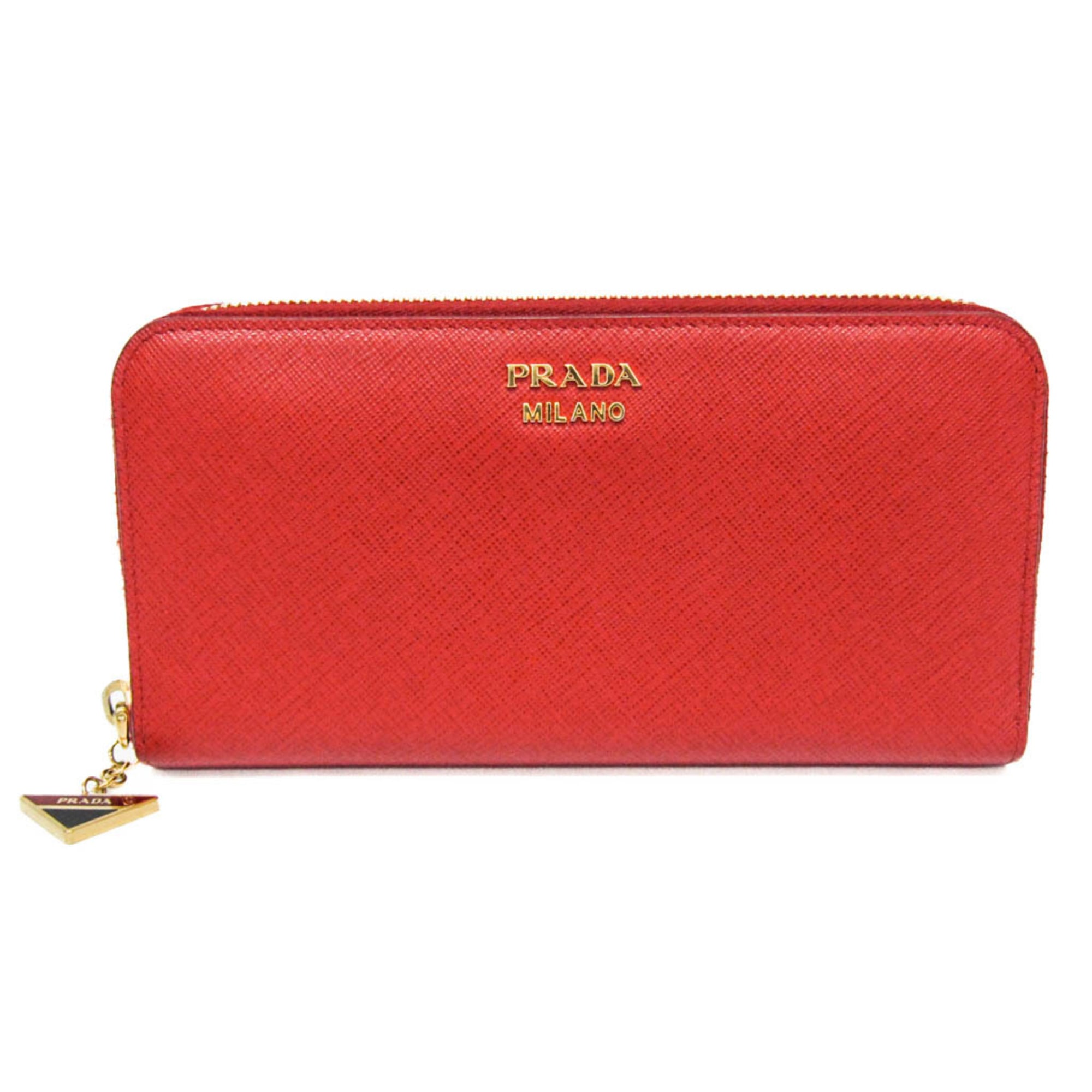 Rakuten - プラダ(Prada) サフィアーノ ラウンドジップ トライアングルチャーム レディース レザー 長財布（二つ折り） レッド【中古】