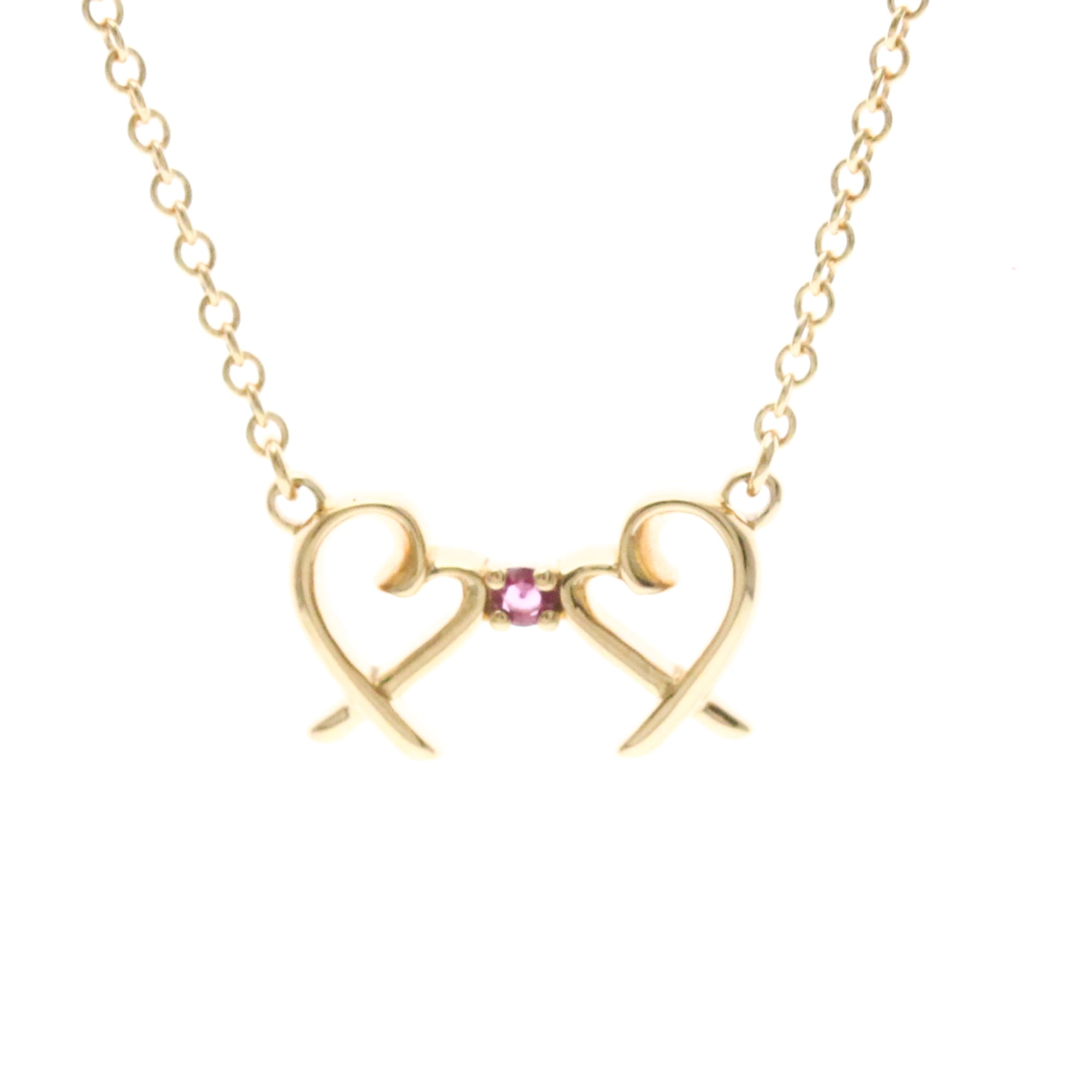 Tiffany & Co. 18K Pink Gold (K18PG) Sapphire Men's/Women's Fashion Necklace (Pink Gold (PG)) Double Loving Heart Necklace [Pre-owned]