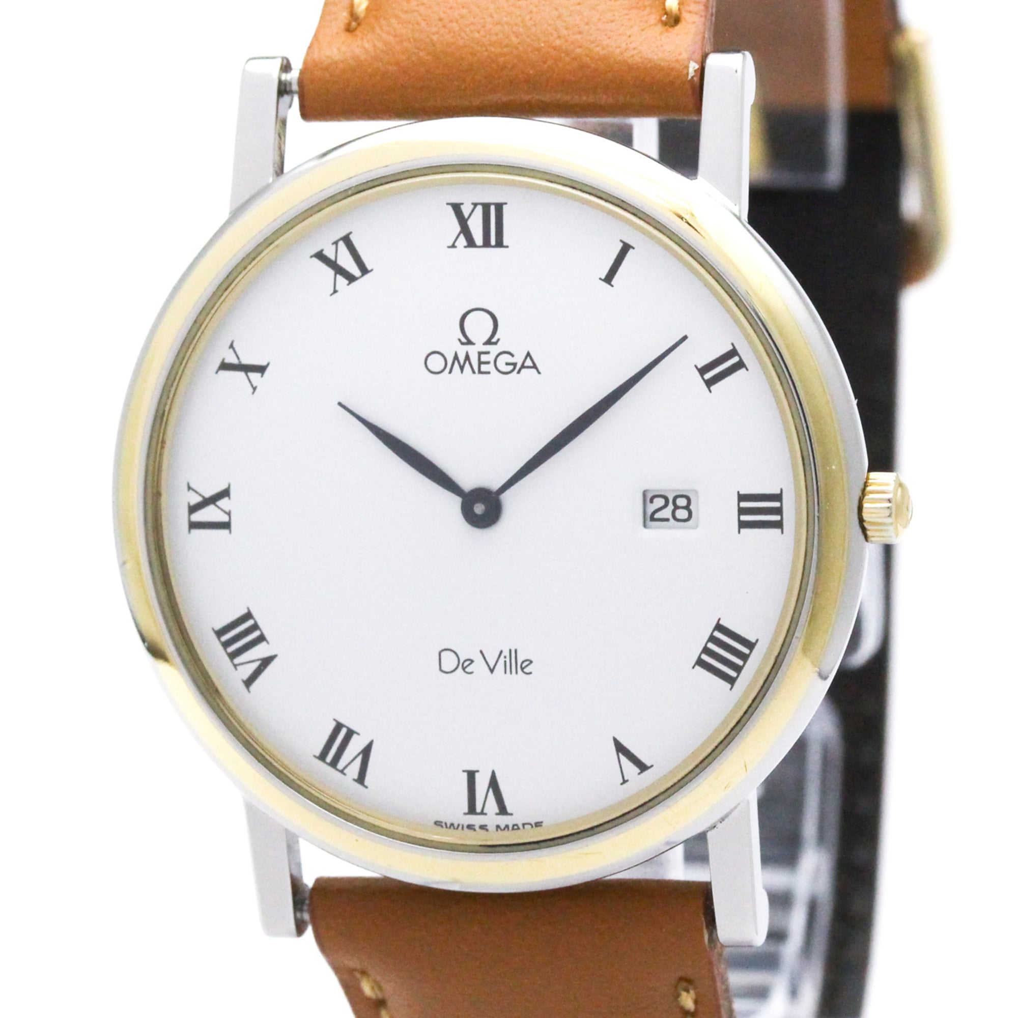 オメガ (OMEGA) デビル 18K ゴールド ステンレススチール レザー クォーツ メンズ 時計 196.2379 (外装仕上げ済み) 基本情報 [ブランド名]: オメガ(Omega) [ライン名]: デビル [モデル]: 196.2379 デザイン [タイプ]: 腕時計 [スタイル]: ドレス/フォーマル [性別]: メンズ [素材 (ケース)]: K18イエローゴールド(K18YG), ステンレススチール(SS) [素材 (ブレスレット/ベルト)]: レザー [カラー（文字盤）]: ホワイト ムーブメント [ムーブメント]: クォーツ 機能 [機能]: 日付 サイズ [ケース幅]: 32mm / 1.26'' 個別商品情報 [シリアルナンバー]: 53**8950 付属品 [付属品]: 無し 状態 [状態]: 非常に良い [ランク]: ランク A 【中古】使用感が少なく、多少のキズや汚れは見られるものの全体的にきれいな商品 [風防ガラスのキズ]: 無し [文字盤のキズ/劣化]: 無し [針のキズ/劣化]: 無し [ケースのキズ]: わずか [ベゼルのキズ]: わずか [リューズのキズ]: 無し [裏蓋のキズ]: わずか [ベルトのシミや汚れ]: 無し [ダメージの強さ]: ベルト 社外品 小 [メンテナンス]: 電池交換済み, 外装磨き仕上げ済み [腕回り]: 14cm - 18cm / 5.51'' - 7.08'' 配送 [総重量]: 20g / 0.7oz. 【本物保証】 eLADYの商品は全品本物保証！ 安心してお買い物をお楽しみください。 商品ランクについて ランク N　 新品・未使用商品。基本的にブティック購入と同じ状態（付属品は商品説明欄に記載があるものがつきます。） ランク NS 未使用・展示品 ランク S 新品同様にきれいな商品 ランク SA 使用感がほとんどない、きれいな商品・新品仕上げ商品 ランク A 使用感が少なく、多少キズや汚れは見られるものの、全体的にきれいな商品 ランク AB やや使用感があり、キズや汚れが見られるが全体的に程度の良い商品 ランク B 使用感があり、ダメージや汚れが見られるが、通常の使用に支障のない商品 ランク BC 使用感が強くあり、ダメージや汚れが気になる商品 ランク C かなりの使用感があり、ダメージや汚れが目立つ商品 ランク D 著しく状態が悪い商品・不具合のあるジャンク品 商品ランクについて お客様のご都合による返品・交換の対応はできかねますので、あらかじめご了承願います。品質管理には万全を期しておりますが、 万が一お届け商品がご注文とまったく異なっていた場合には返品の対象となることもございます。商品到着後24時間以内に、 カスタマーサービスセンターまでEメール又はお電話でご連絡ください。24時間以上経過しますと、お受け致しかねる場合がございます。 ご了承ください。