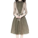 即納 春 elaine fashion オリジナルデザイン レディースワンピース クラシックスタイル レイヤード風 ウエストリボン付き 女優風ワンピース 七分袖 きれいめ ひざ丈 ミディアム