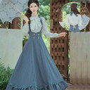 即納 秋 レトロワンピース レトロ調 レディース ワンピース レディースセットアップ 編み上げワンピース ボウタイブラウス 2点セット ロング 長袖 フレア ス...