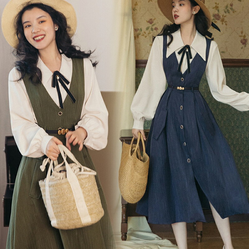 一部即納 秋 大きいサイズ レトロ レトロワンピース レディース ワンピース レディースセットアップ ジャンパースカート ブラウス 2点セット サロペット スカ...