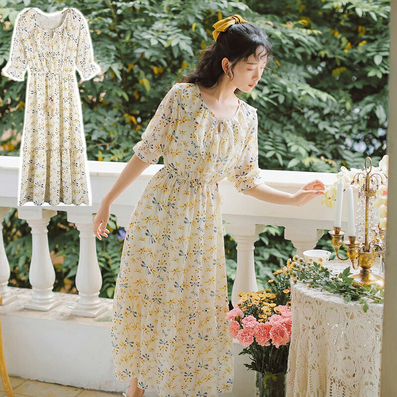Rakuten - 即納 夏 レディースワンピース 柄ワンピース とんぼ柄 蜻蛉 ロングワンピース 半袖 ウエスト総ゴム イエロー M L