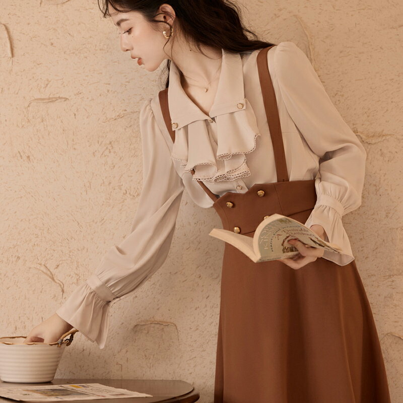 即納 秋 レディースセットアップワンピース ジャンパースカート+ブラウス 2点セット レトロ調 ジャボ きれいめ 大人かわいい 30代 40代 50代 長袖 ロ...