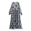 即納 春 レディースワンピース ティーアドワンピース Vネック レトロ柄 プリント柄 Aライン 長袖 ロングワンピース ロング丈 大人かわいい 30代 40代 50代 ブルー XS-L(4)