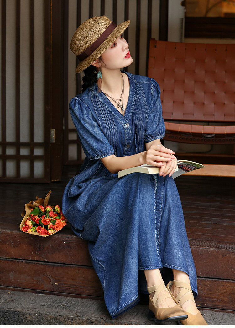 即納 秋 ガウンワンピース レディースワンピース デニムワンピース シャツワンピース 前開き Vネック パフスリーブ ロングワンピース 大人かわいい 30代 40代 50代 ロング丈 半袖 ブルー M-XL