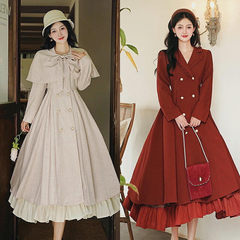 ワンピース 長袖 秋冬 ロング クラシカル レトロ コートワンピース レディース Aライン フレア ダブルボタン フリル 裾 ケープ風 襟付き 赤 ライトグレー ボルドー 森ガール ロリータ ゴスロリ 衣装 大人可愛い クリスマス デート 服 プレゼント