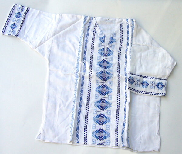 メキシコ　ヘンプ混刺繍　シャツ　白×青