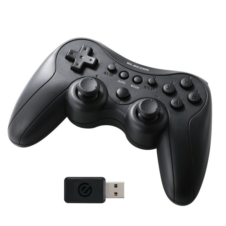 ■フル充電で最大16時間使える!充電式ワイヤレスゲームパッドです。十字ボタンが操作しやすいストレート配置(PS系)で13ボタンを搭載しています。■連射機能とスティックモード切り替え機能を備え、ストレート配置(PS系)を採用した、13ボタン搭載の充電式ワイヤレスゲームパッドです。 ■十字ボタン、アナログスティック2本を含む13ボタンを搭載しています。 ■ケーブルにとらわれることなく、快適にゲームを楽しめるワイヤレスモデルです。2.4GHzワイヤレスを採用し、最大約10mの通信距離を実現しました。 ■※周囲の状況により通信距離が短くなることがあります。 ■※付属のUSBケーブルで有線接続が可能です。 ■パソコンのUSBポートに挿すだけで使用できる、USB-Aレシーバーを付属しています。 ■有線通信に対応したUSB Type-C(TM)ポートを搭載。付属のケーブルでUSB-Aポート搭載のパソコンやAC充電器などに接続することで、充電しながら使用できます。 ■満充電状態から、最大16時間の連続プレイが可能です。 ■長さ約1.8mのUSB Type-C - USB-Aケーブルを付属しています。 ■XInputとDirectInputの両方に対応しており、幅広いゲームタイトルで使用できます。 ■背面のスライドスイッチで、XInputとDirectInputの切り替え、電源OFFができます。 ■十字ボタンが操作しやすいストレートスティック配置(PS系)を採用しています。 ■アナログ入力に対応したトリガーボタンを2つ搭載し、レーシングゲームのアクセル/ブレーキなどのアナログ入力が可能です。 ■デッドゾーンゼロ・入力補正なしの「FPSモード」と、8方向を確実に入力しやすくなる補正が有効な「互換性重視モード」を、MODEボタンで切り替えられます。 ■振動モーターを搭載しない軽量タイプで、疲れにくく長時間のプレイも快適に操作可能です。 ■ボタンごとに連射のON/OFFを設定可能。RPGやシューティングゲームなど幅広いゲームで効果を発揮します。 ■※XInputの場合、アナログトリガーとガイドボタンは連射非対応です。 ■モードや連射、低電力状態を通知するLEDランプを搭載しています。 ■Steamの各種ゲームタイトルで動作確認済みです。 ■※動作確認済みのゲームタイトルはエレコムホームページの対応表をご確認ください。 ■ボタンやスティックにキーボードやマウスの操作を割り当てる独自ソフトウェア「ゲームパッドアシスタント」に対応し、ゲームパッドに対応しないゲームもプレイ可能になります。 ■※USB Type-C and USB-C are trademarks of USB Implementers Forum. ■自社環境認定基準を1つ以上満たし、『THINK ECOLOGY』マークを表示した製品です。 ■環境保全に取り組み、製品の包装容器におけるプラスチック重量を、社内基準製品より20%以上削減した製品です。 ■環境保全に取り組み、製品の包装容器が紙・ダンボール・ポリ袋のみで構成されている製品です。■コネクター形状1：レシーバー:USB-Aプラグ■コネクター形状2：充電口:USB Type-C(TM)ポート■接続方式：USB2.4GHz無線/有線両対応■対応機種(USB)：USB-Aポートを装備したWindows搭載機■対応OS(Windows)：Windows 11/10■電波周波数：2.4GHz帯■電波到達距離：最長約10m ※ご使用環境により異なる場合があります。■入力規格：XInput/DirectInput■ボタン数：13ボタン■認識最大ボタン数(XInput)：最大11ボタン■認識最大ボタン数(DirectInput)：最大13ボタン■アナログトリガーボタン：あり■メカニカルトリガーボタン：なし■方向パッド(POV)：あり■軸数：4軸(X軸/Y軸/Z軸/Z回転)■アナログスティック：2本■スティック配置：ストレート(PS系)■スティックカバー交換：非対応■振動機能：なし■連射機能：あり■マクロ機能：なし■ボタン設定機能(リマップ機能)：なし■アナログスティック設定機能(感度/範囲)：2モード切替 ※専用ソフト不要■POV切り替え：なし■ゲームパッドアシスタント：対応■レポートレート：最大500Hz■レシーバー収納：非対応■電源：内蔵リチウムイオン二次電池(充電式)■電池寿命：最長約16時間■外形寸法：本体:幅約161mm×奥行約65mm×高さ約99mm、レシーバー:幅約19mm×奥行約44mm×高さ約10mm■重量：本体:約162g、レシーバー:約6g■内容物：ゲームパッド本体×1台、レシーバー×1個、USB-A - USB Type-Cケーブル(約1.8m)×1本■環境配慮事項：環境配慮パッケージ■VCCI：Class B対応■カラー：ブラック■保証期間：1年間エレコムダイレクトショップ